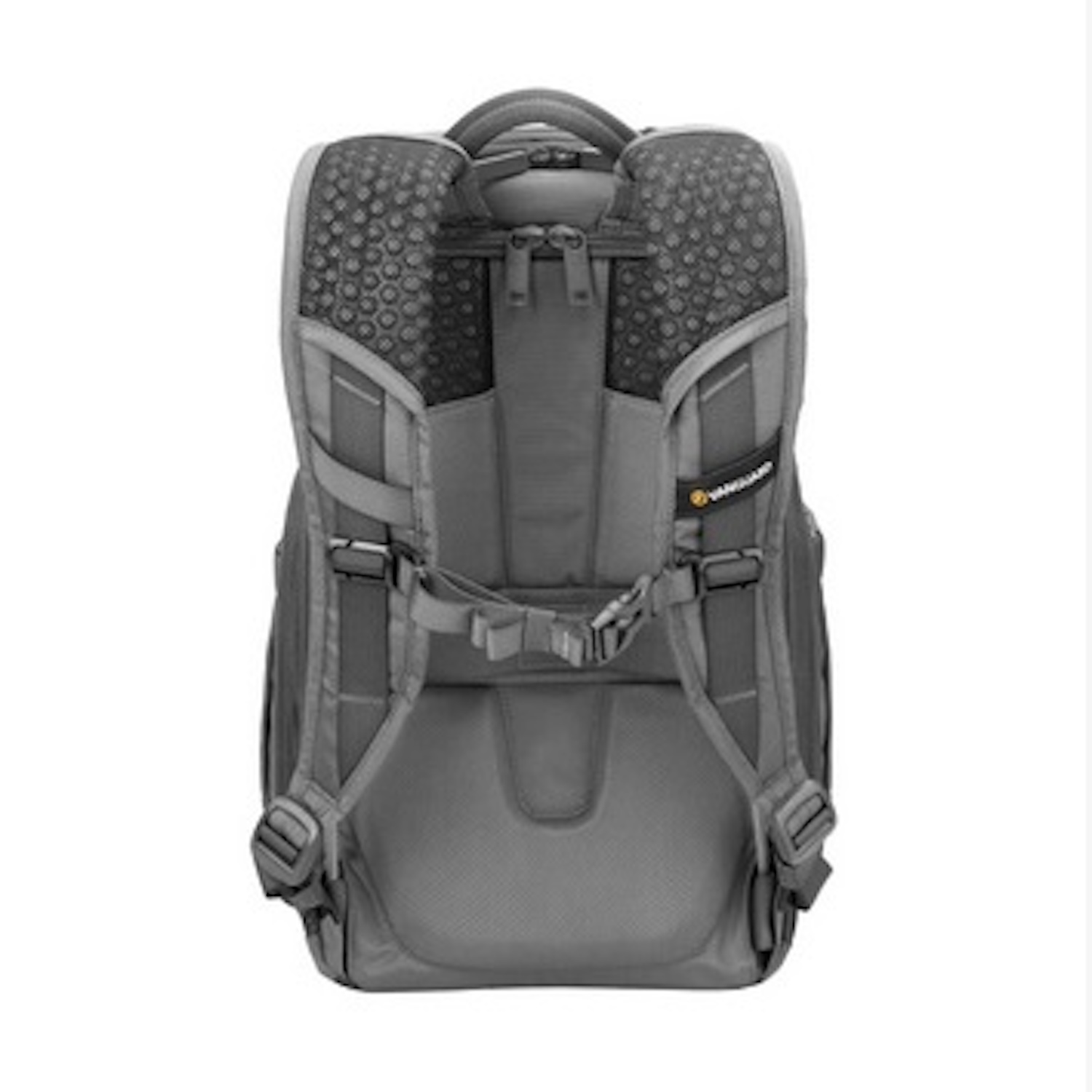 Mochila, gris con detalles en negro. Fondo: blanco. Vista trasera.