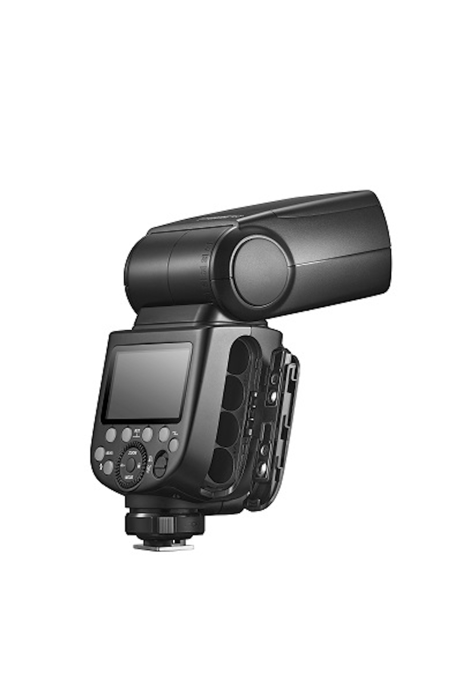 Czarna lampa błyskowa ze srebrną podstawą, skierowana w górę. Białe tło.