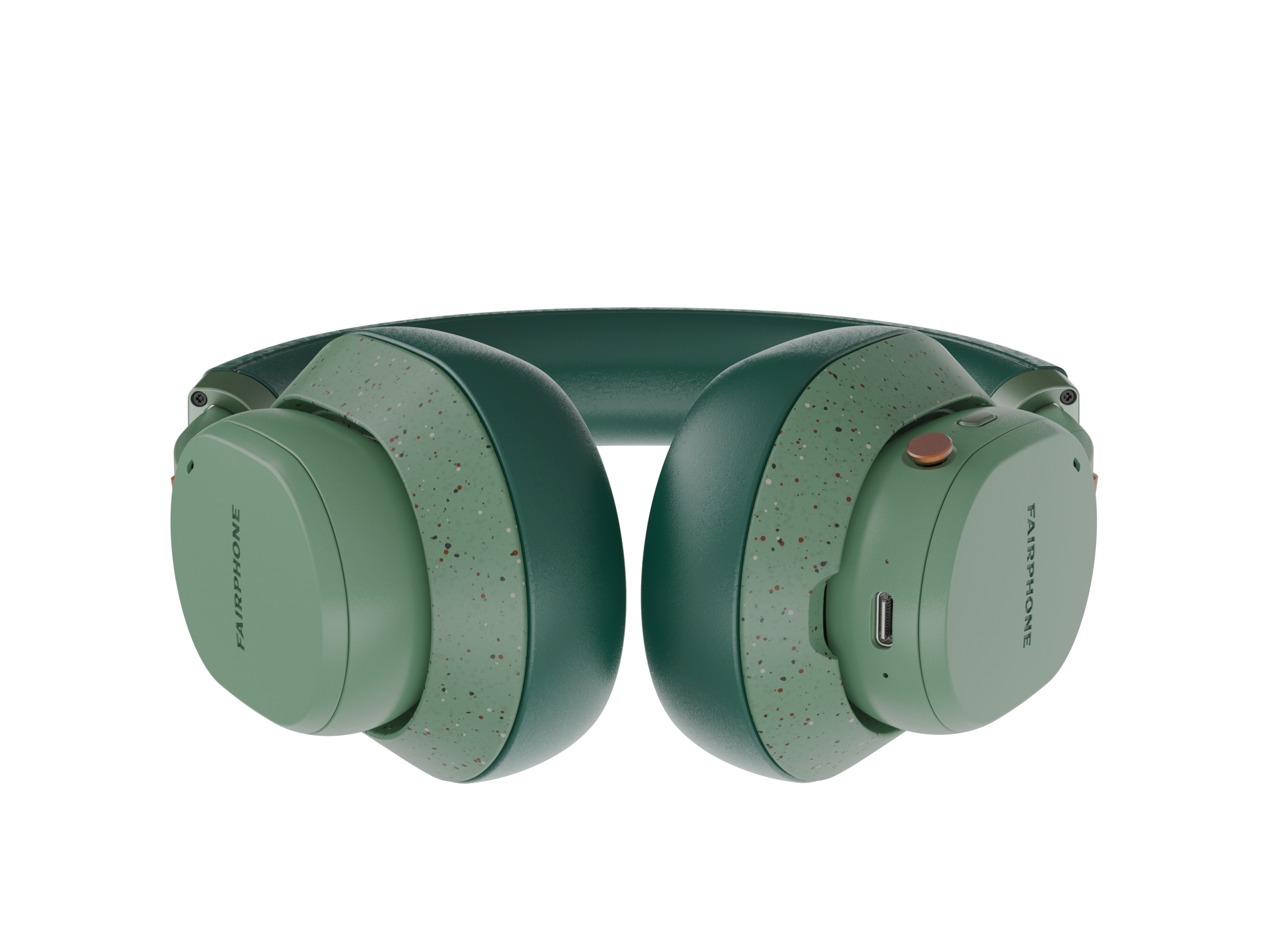 Zielone słuchawki z nakrapianymi nausznikami, zielonym pałąkiem i ciemnym tłem.