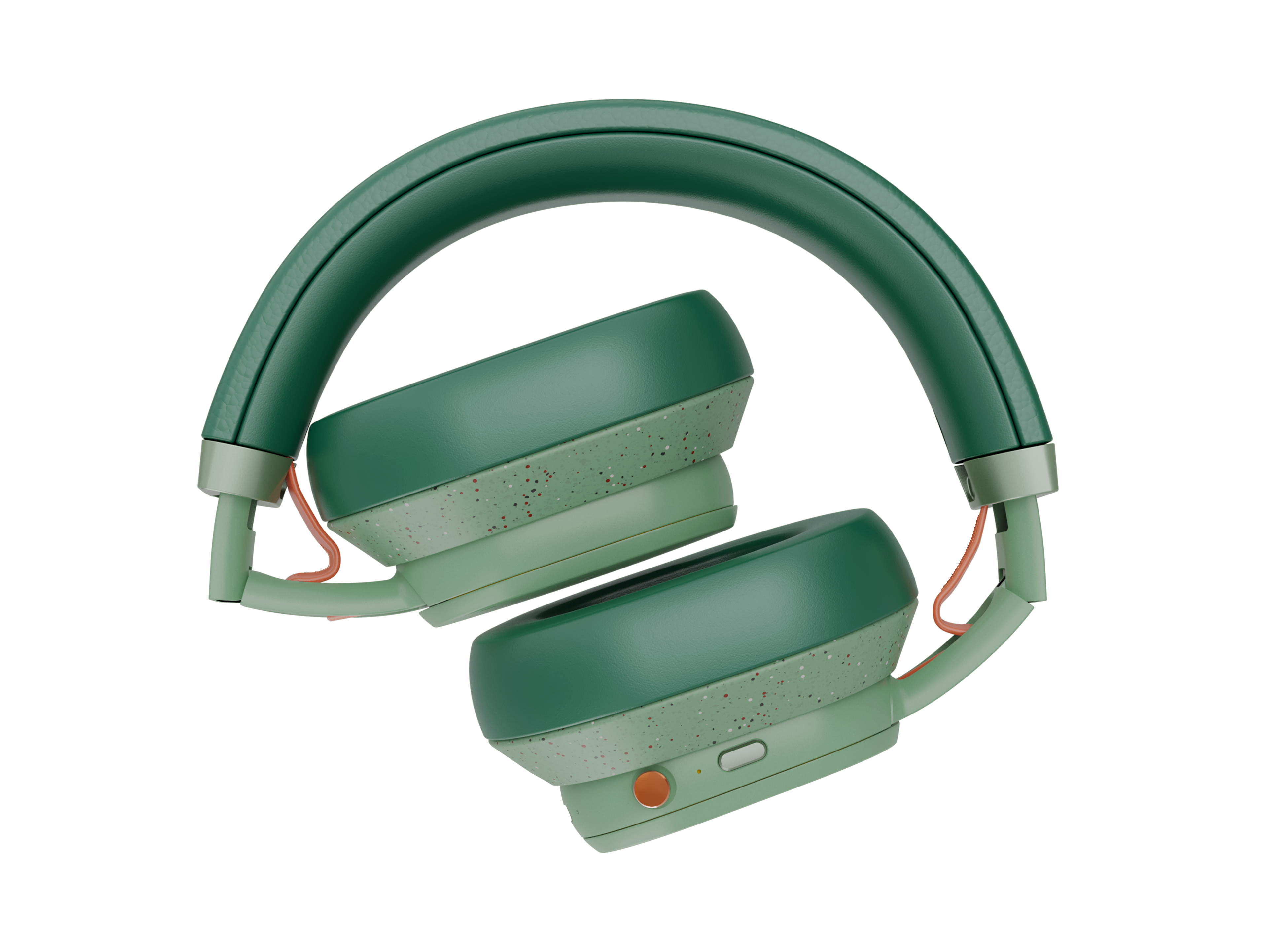 Słuchawki w zielonej kolorystyce, złożone, na czarnym tle, pomarańczowe akcenty.