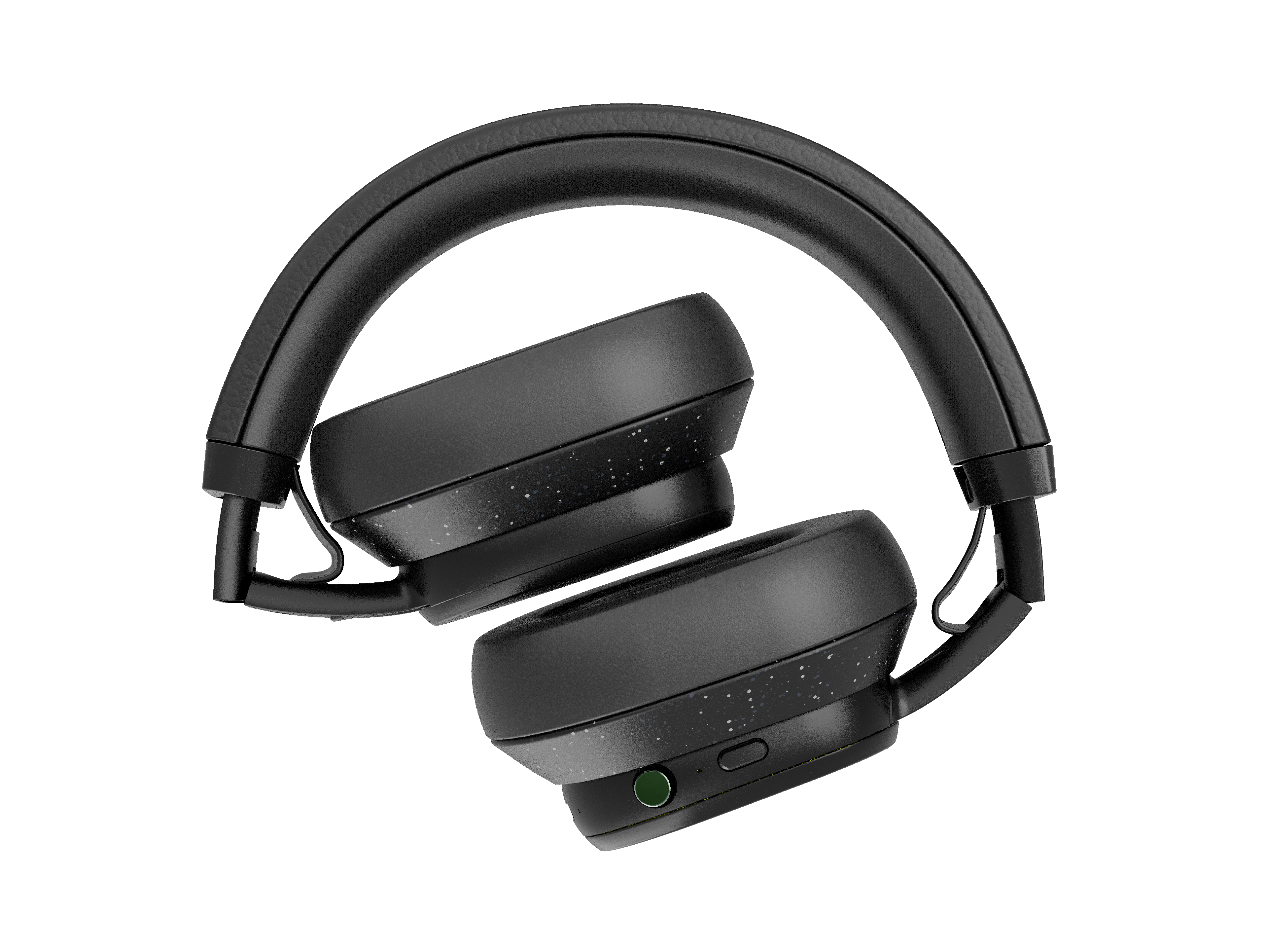 Czarne słuchawki złożone, pokazujące nauszniki i zielony przycisk. Czarne tło.