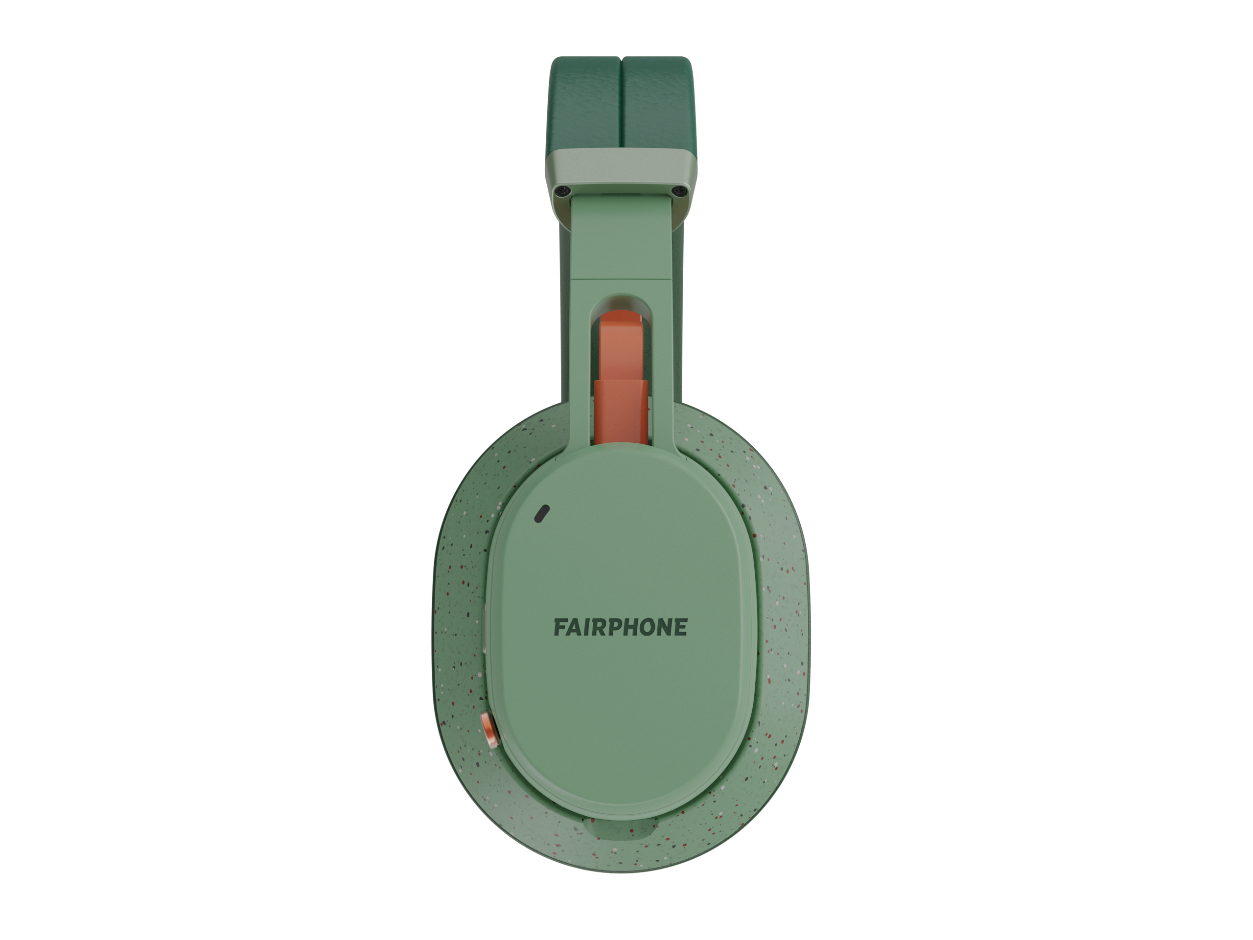 Widok z góry na zielone i pomarańczowe słuchawki z napisem FAIRPHONE.