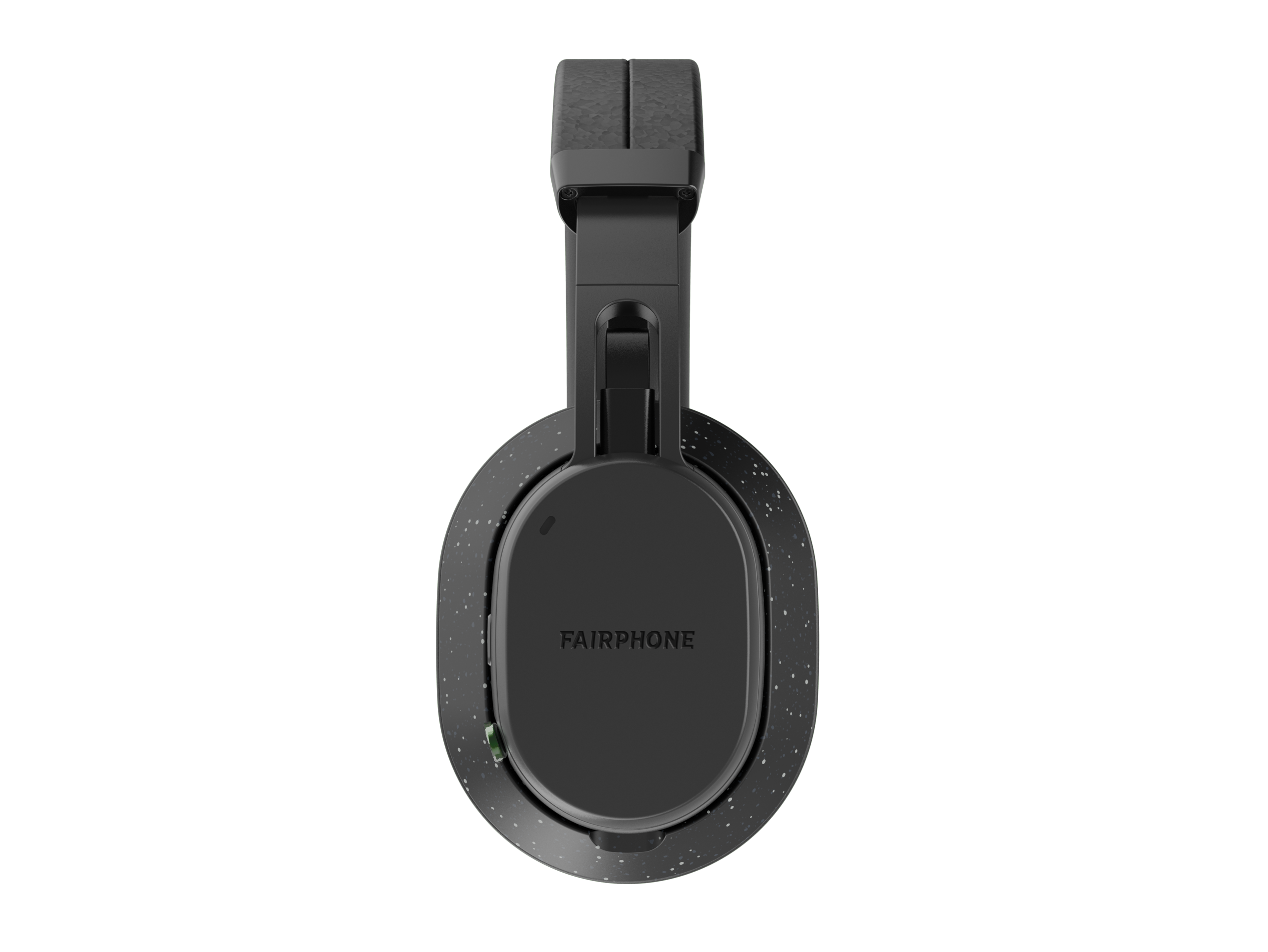 Czarne słuchawki Fairphone, widok z góry. Fairphone jest napisane na nauszniku.