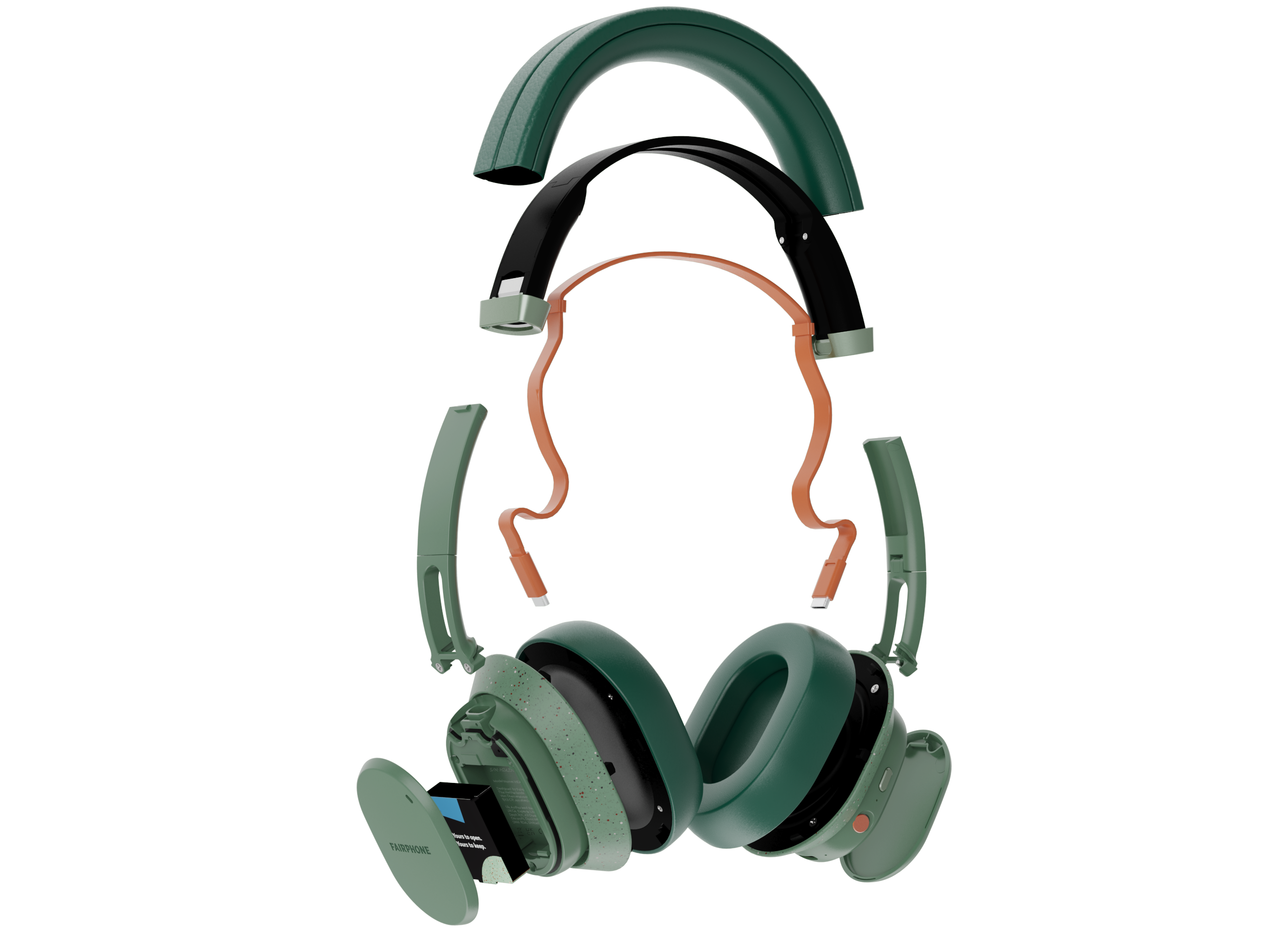 Widok rozłożony zielonych i pomarańczowych słuchawek, pokazujący elementy składowe.
