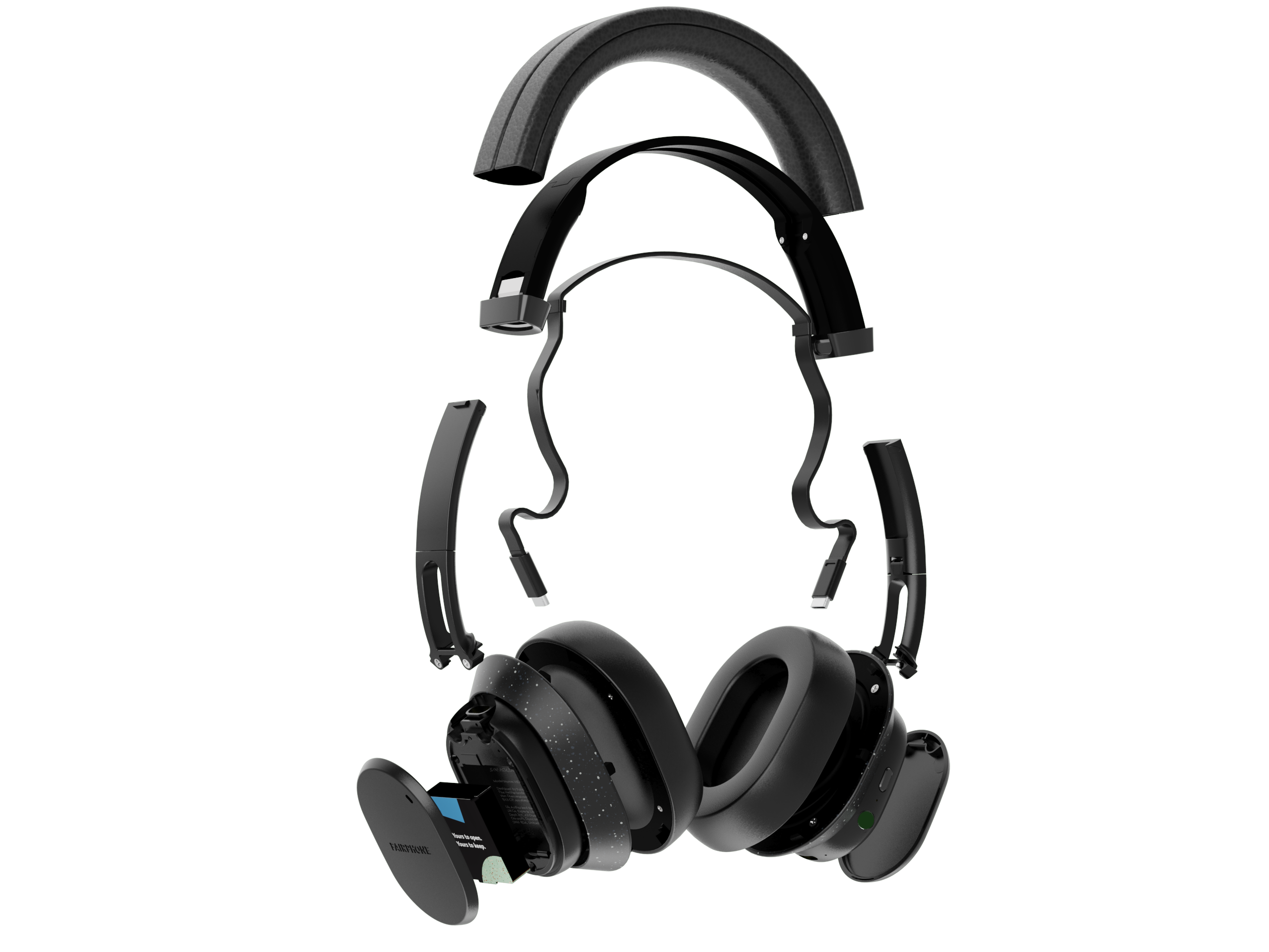 Widok rozłożony czarnych słuchawek pokazujący wewnętrzne komponenty. Czarne tło.