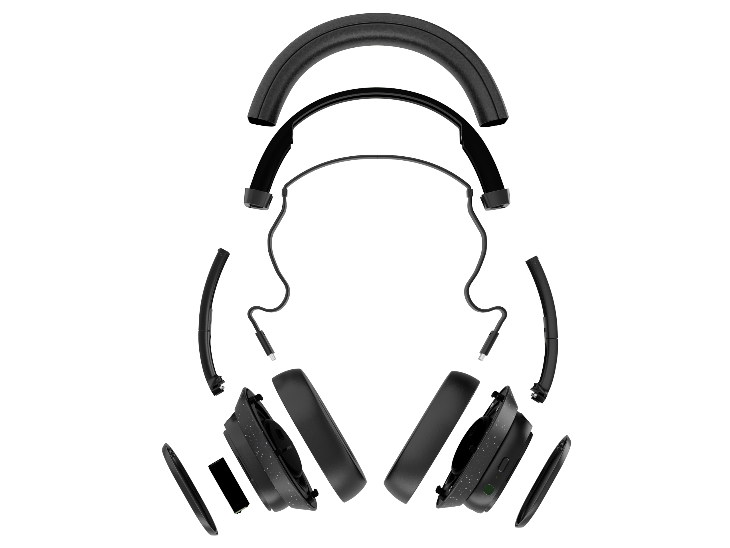 Zdemontowane czarne słuchawki. Części obejmują nauszniki, pałąk i przewody, wszystko na czarnym tle.