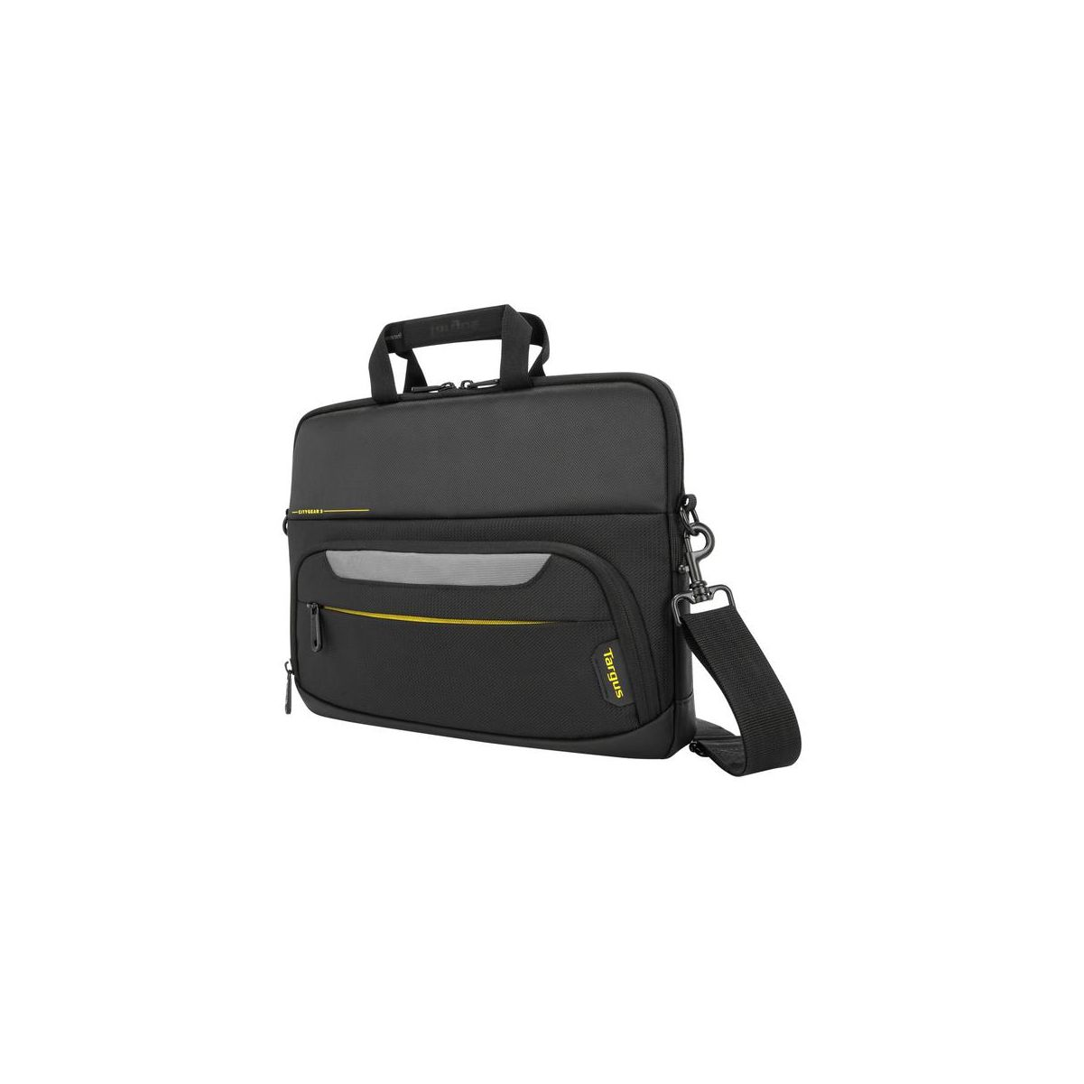 Borsa per laptop nera con dettagli gialli e tracolla. La borsa ha una tasca anteriore con cerniera.