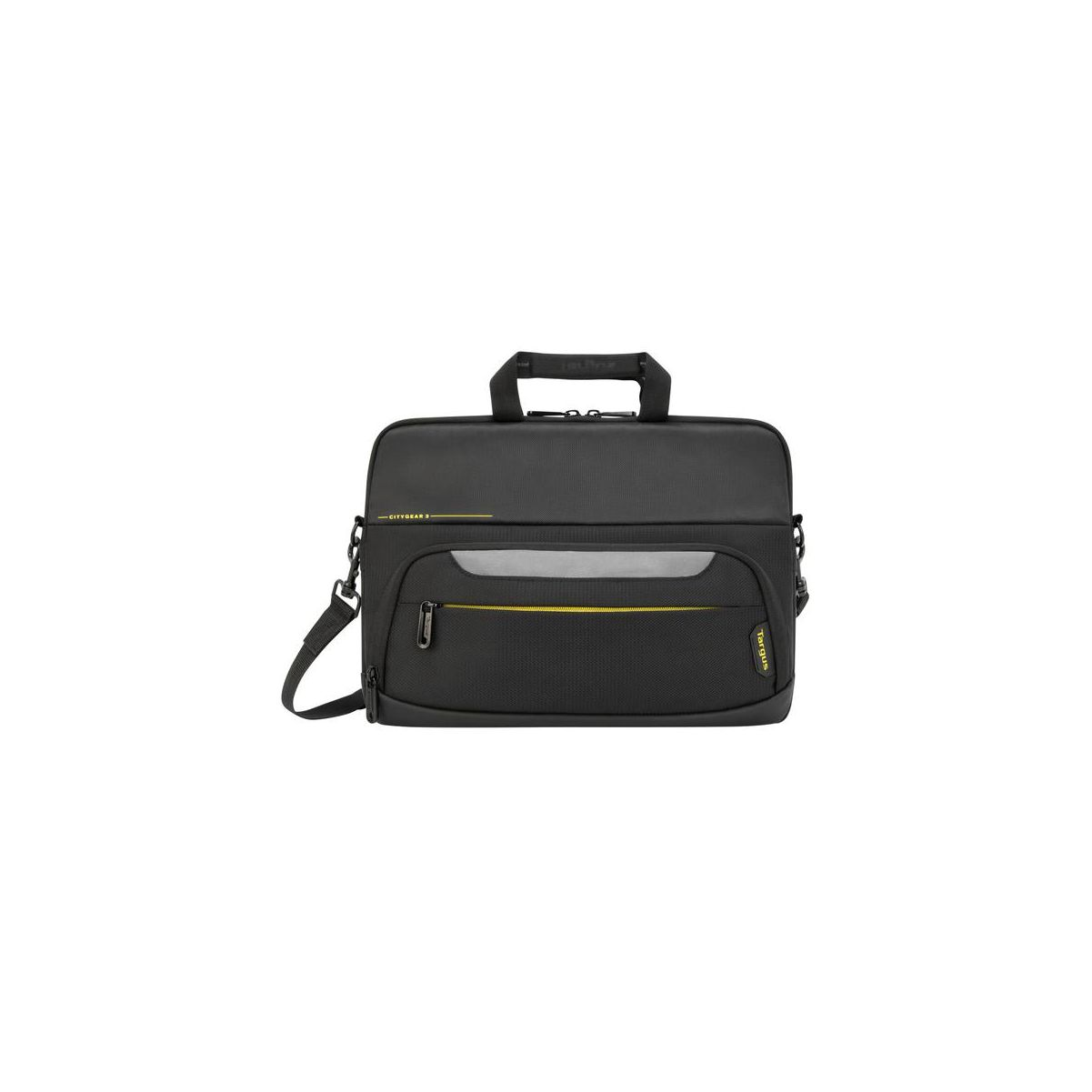 Borsa per laptop nera con manico e tracolla.