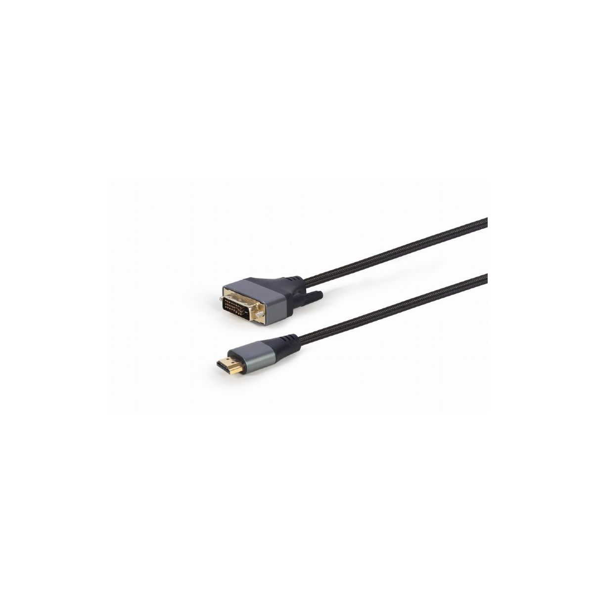 Cable DVI a Micro-HDMI negro y gris. El extremo DVI es gris. Fondo blanco.