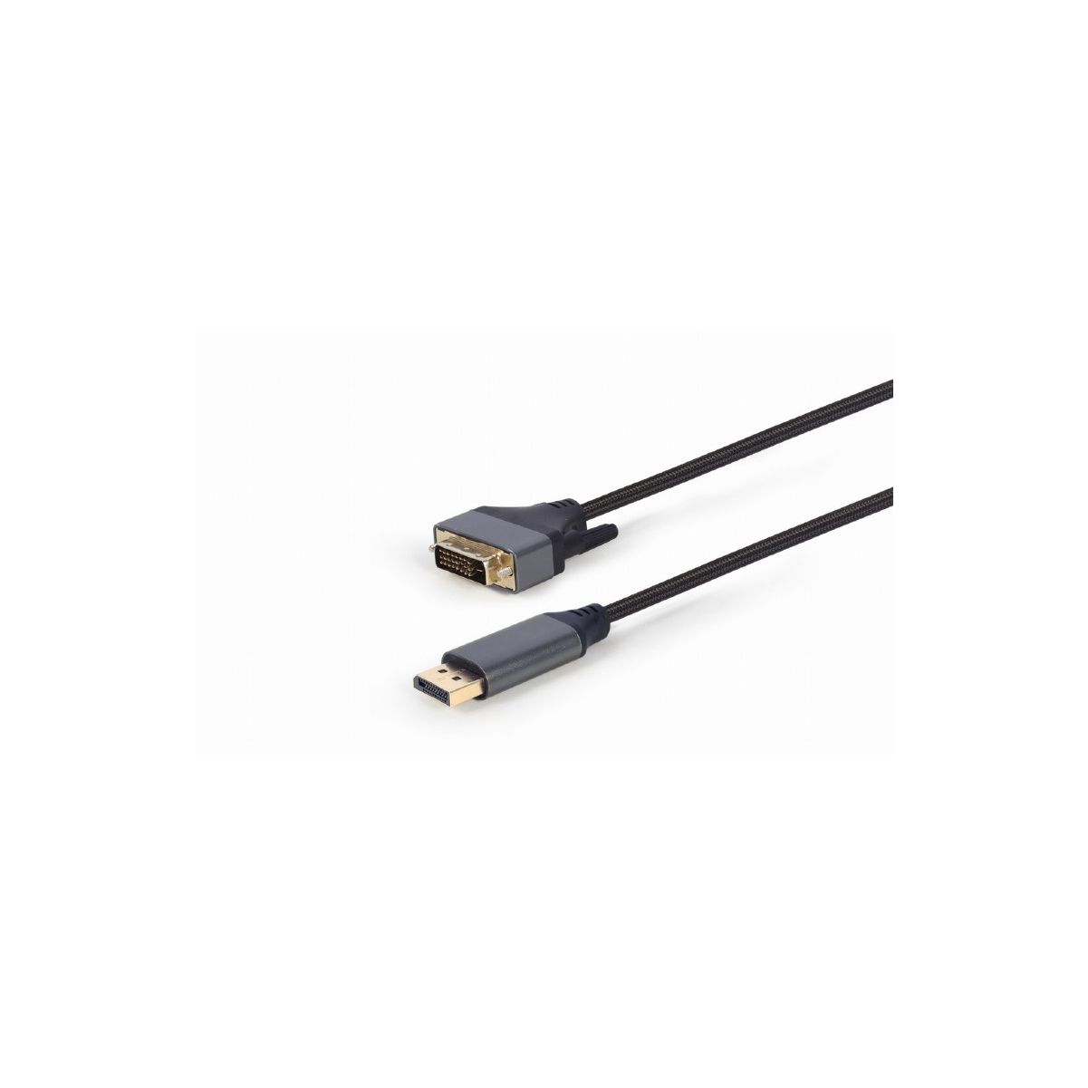 Cable HDMI a DVI, cable negro con conectores sobre fondo blanco.