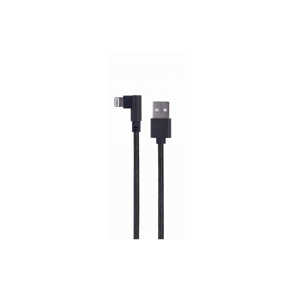 Un cavo USB nero con un connettore USB a un'estremità e un connettore Lightning all'altra.