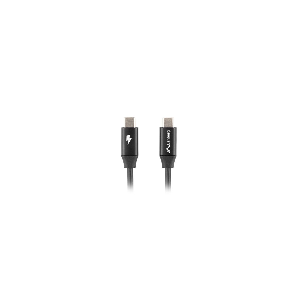 A black USB-C cable with a lightning bolt symbol on the connector and a white background.