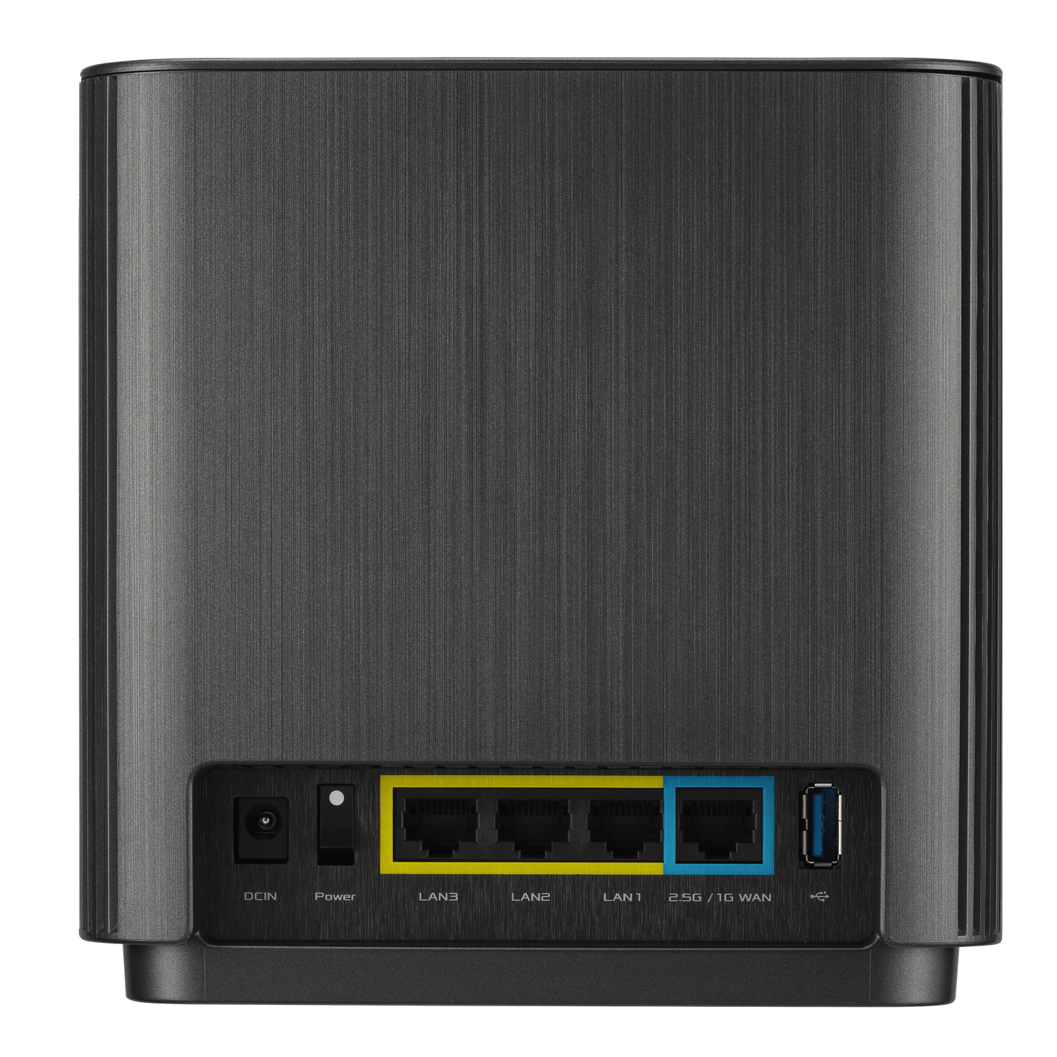 Router nero, vista posteriore, con porte LAN, WAN e USB. Evidenziature gialle e blu.