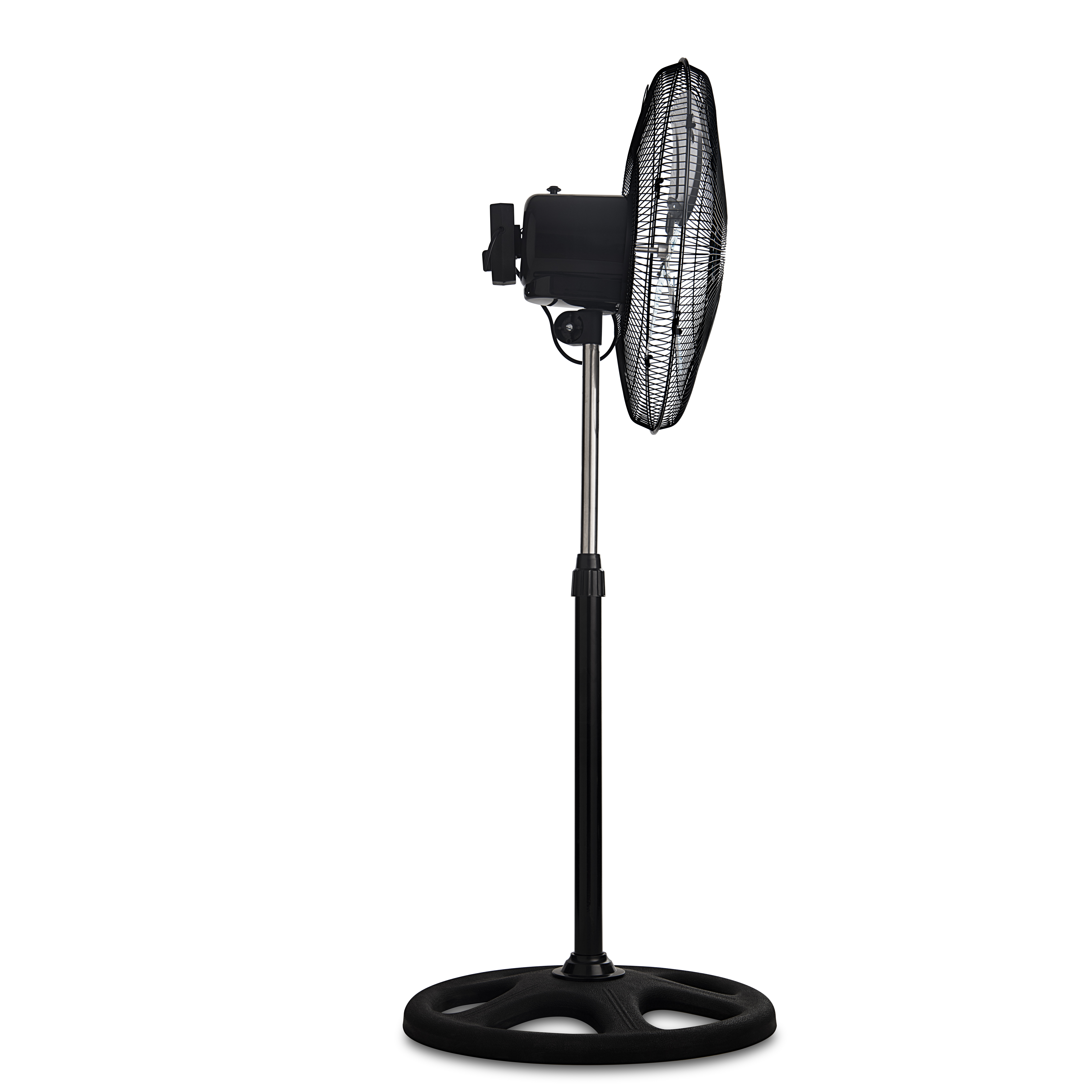 Ventilador de pie negro con base circular, rejilla metálica y carcasa negra.