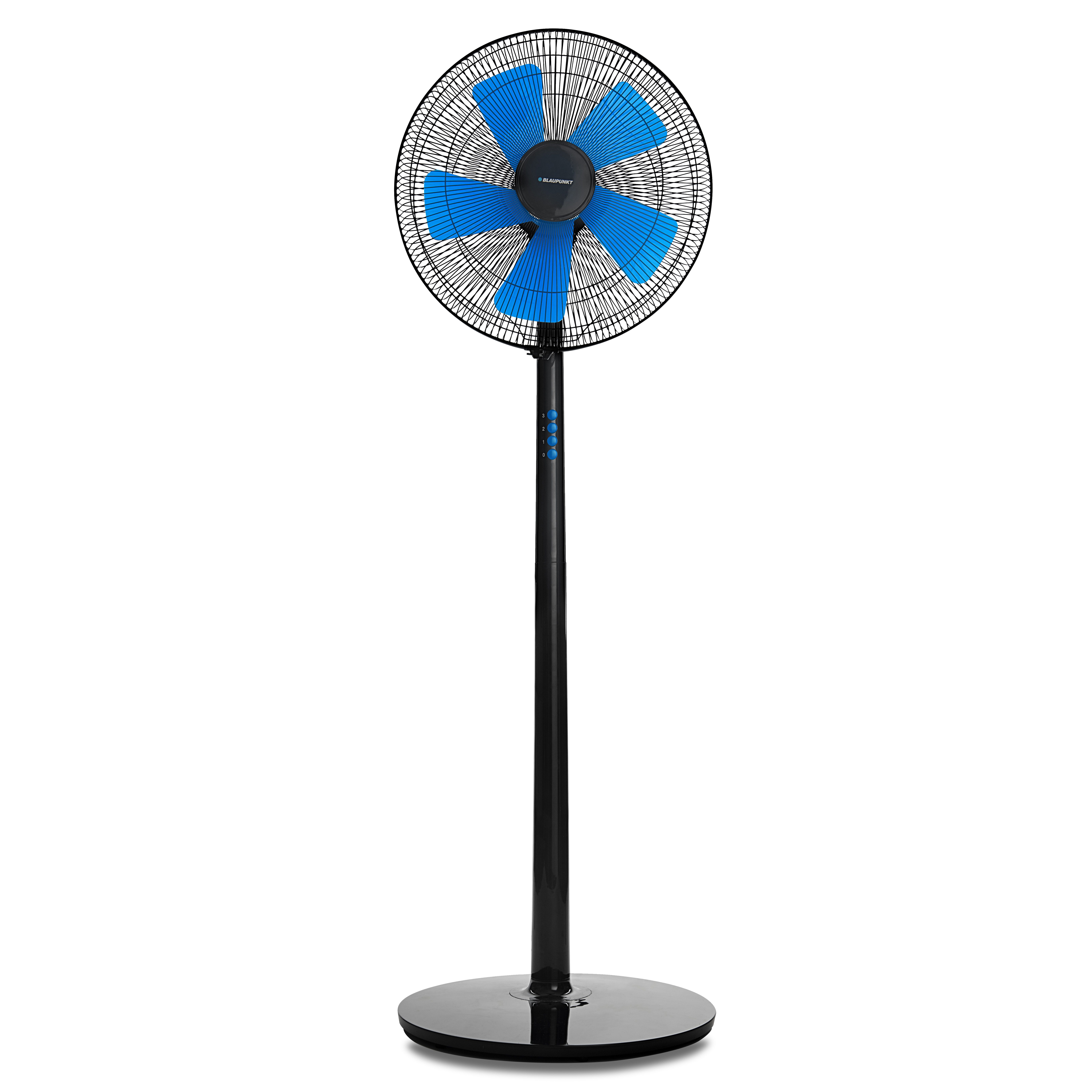 Ventilatore a colonna nero con pale blu. Base nera, sfondo bianco.