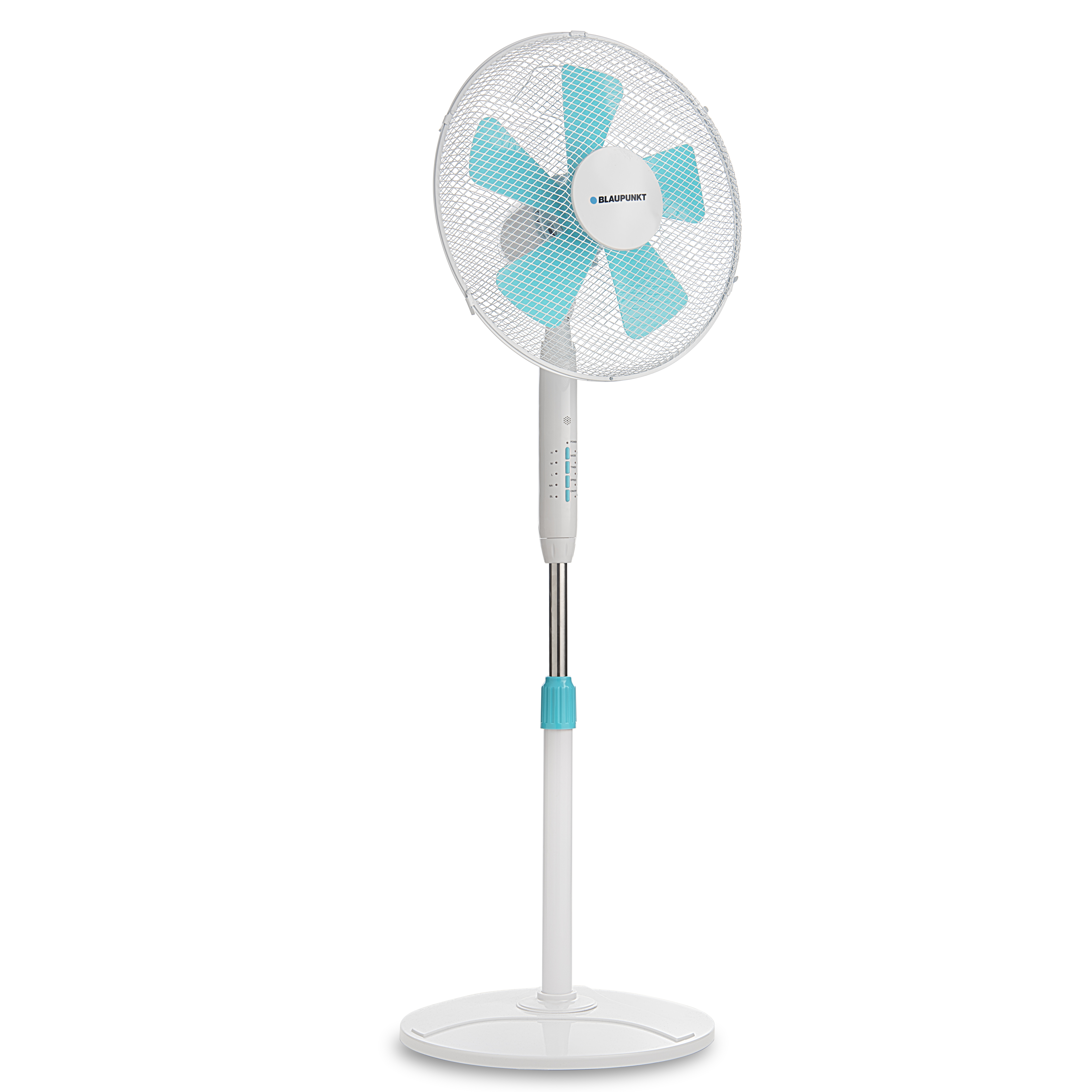 Ventilatore a colonna bianco e blu su superficie bianca, isolato su sfondo bianco.