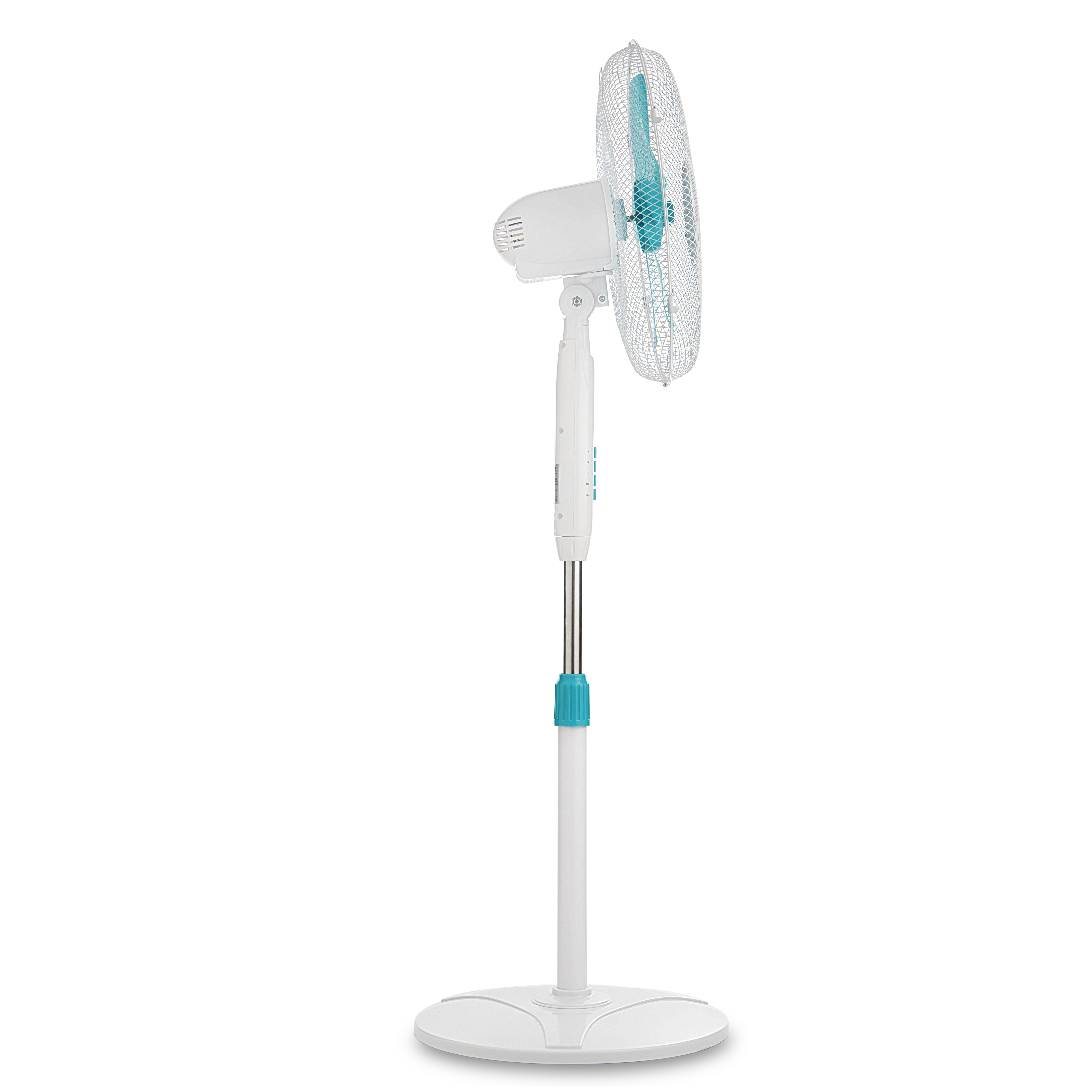 Ventilatore a colonna bianco con accenti blu, su base bianca, vista laterale.