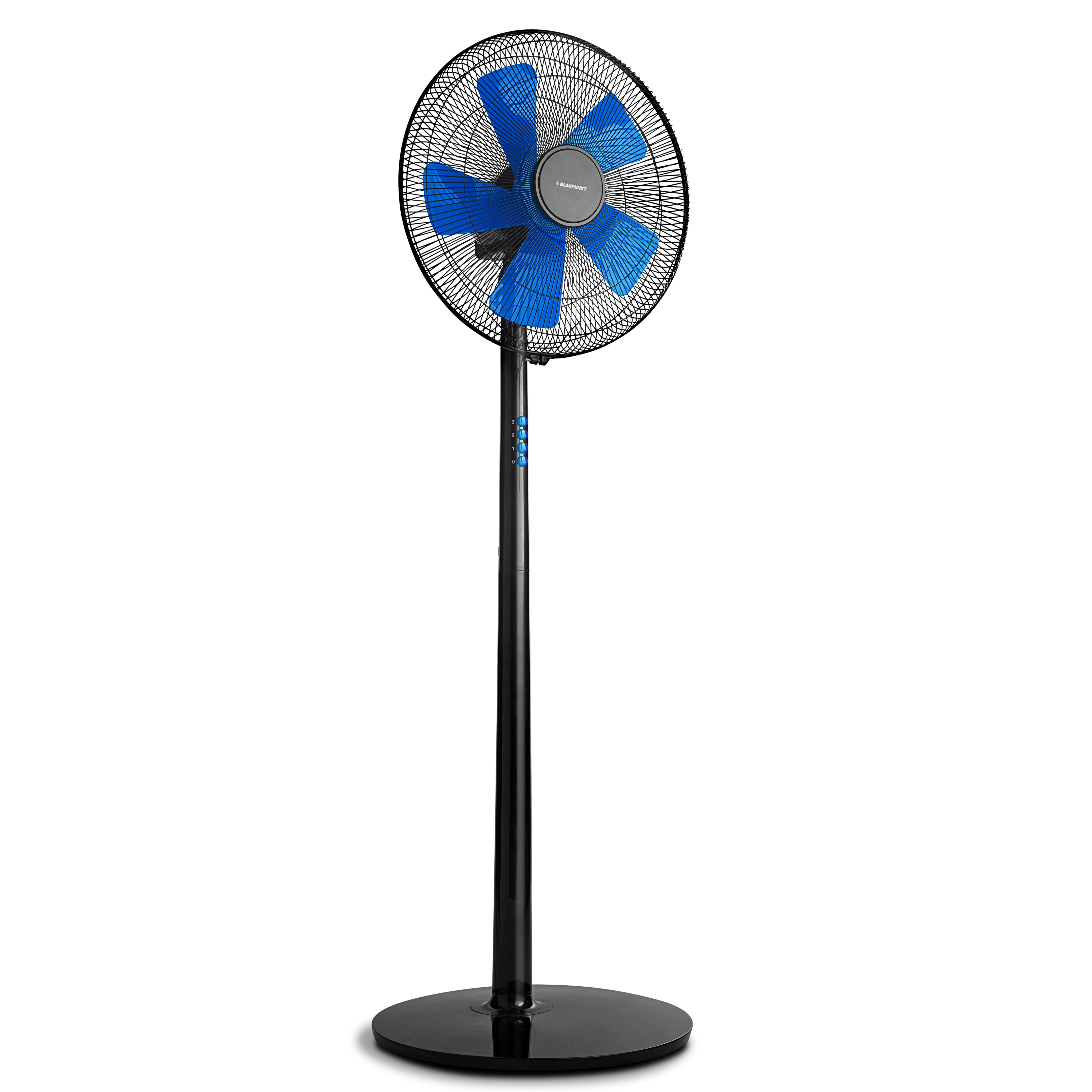 Ventilatore a colonna nero con pale blu.
