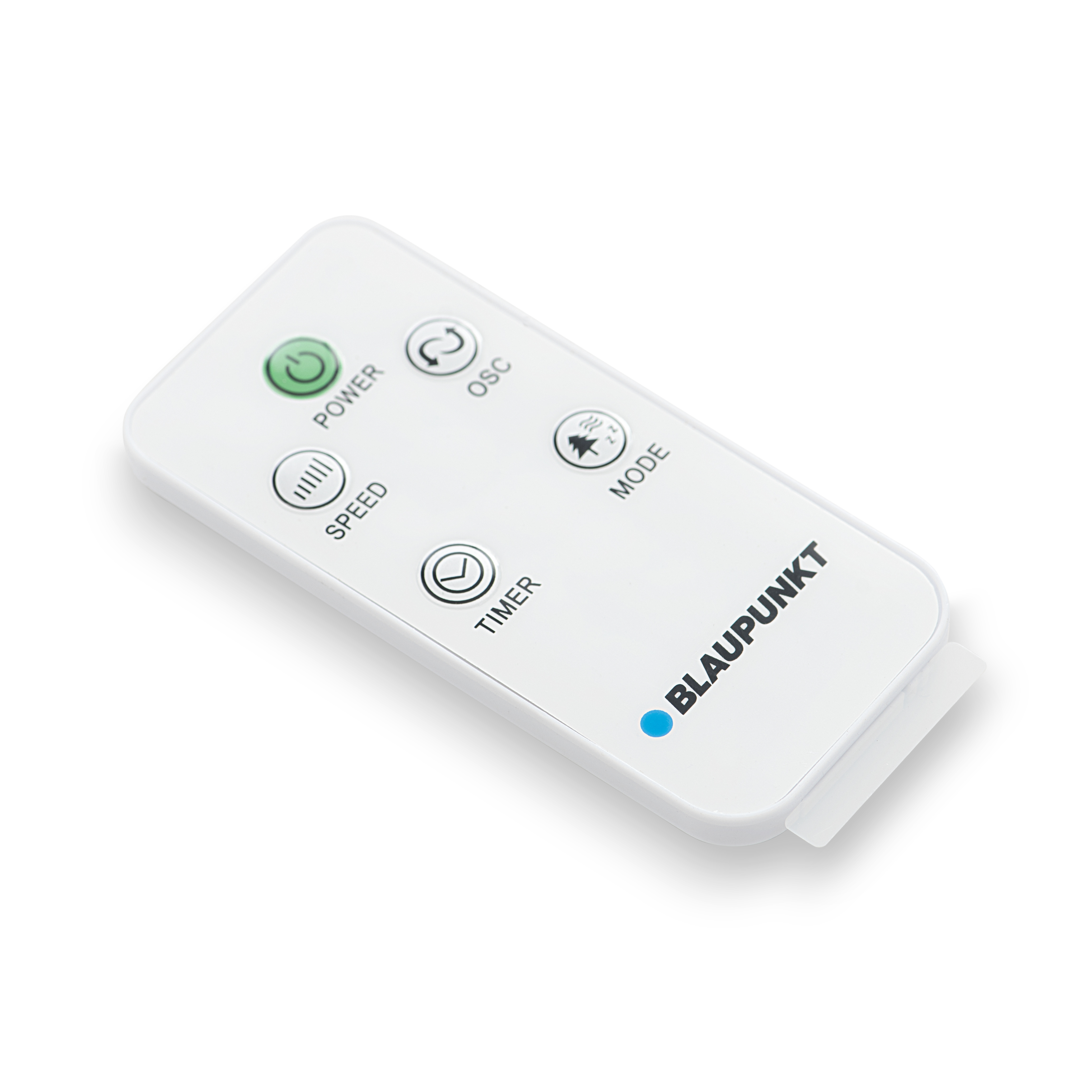Telecomando bianco con pulsanti. Il marchio è Blaupunkt.