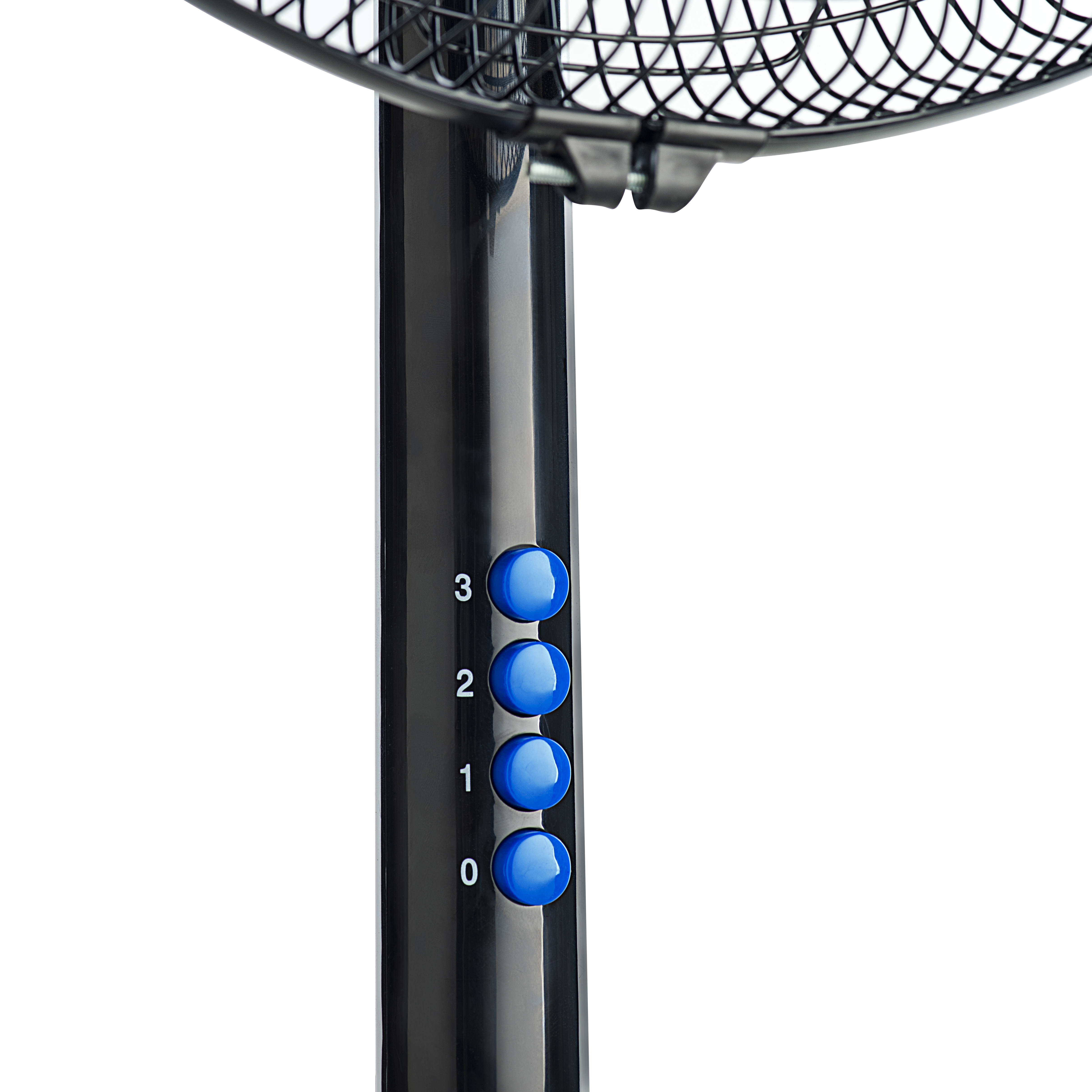 Ventilatore a colonna nero con pulsanti velocità blu 0-3 e griglia a rete metallica.