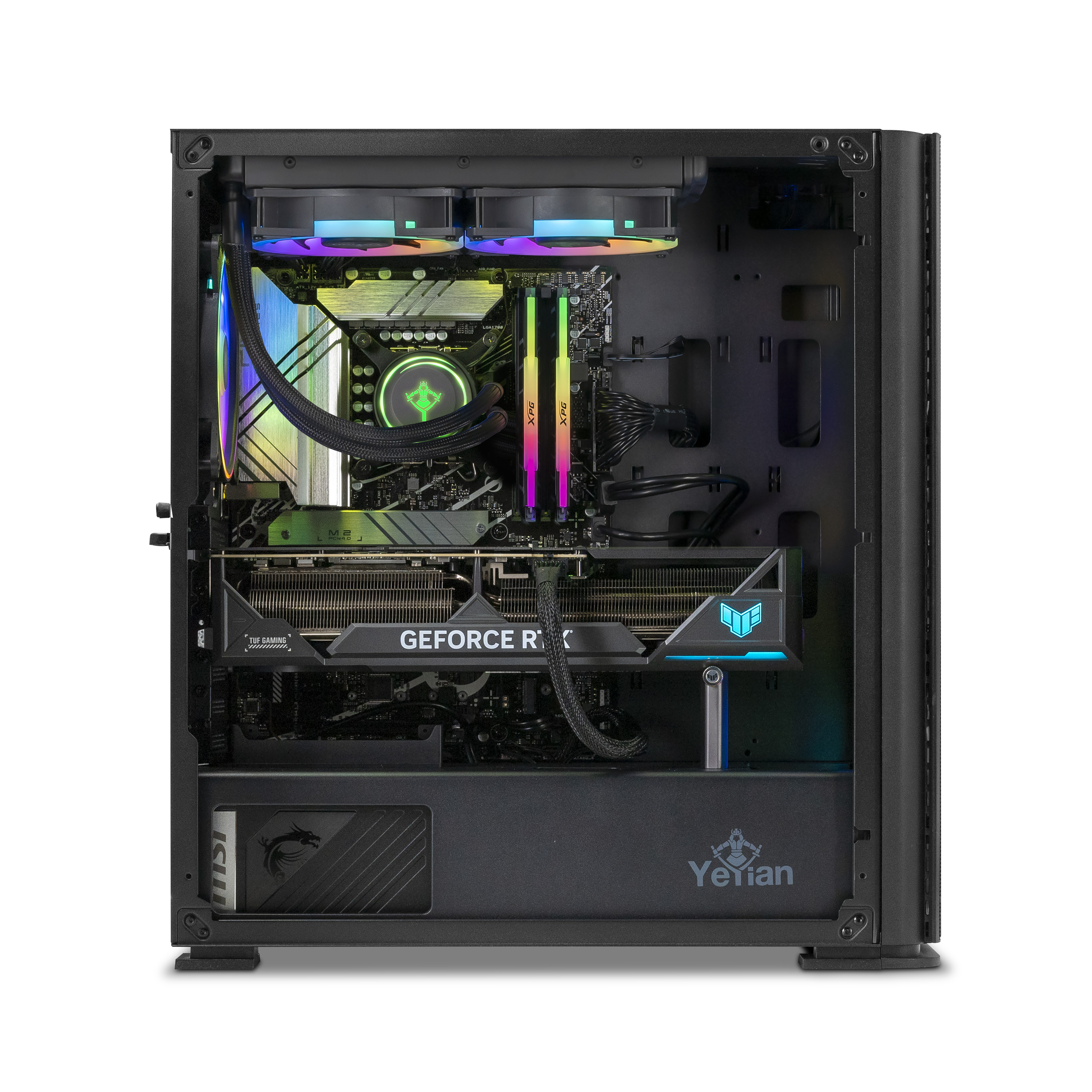 Caja de computadora con componentes en el interior, incluyendo una tarjeta gráfica y ventiladores.