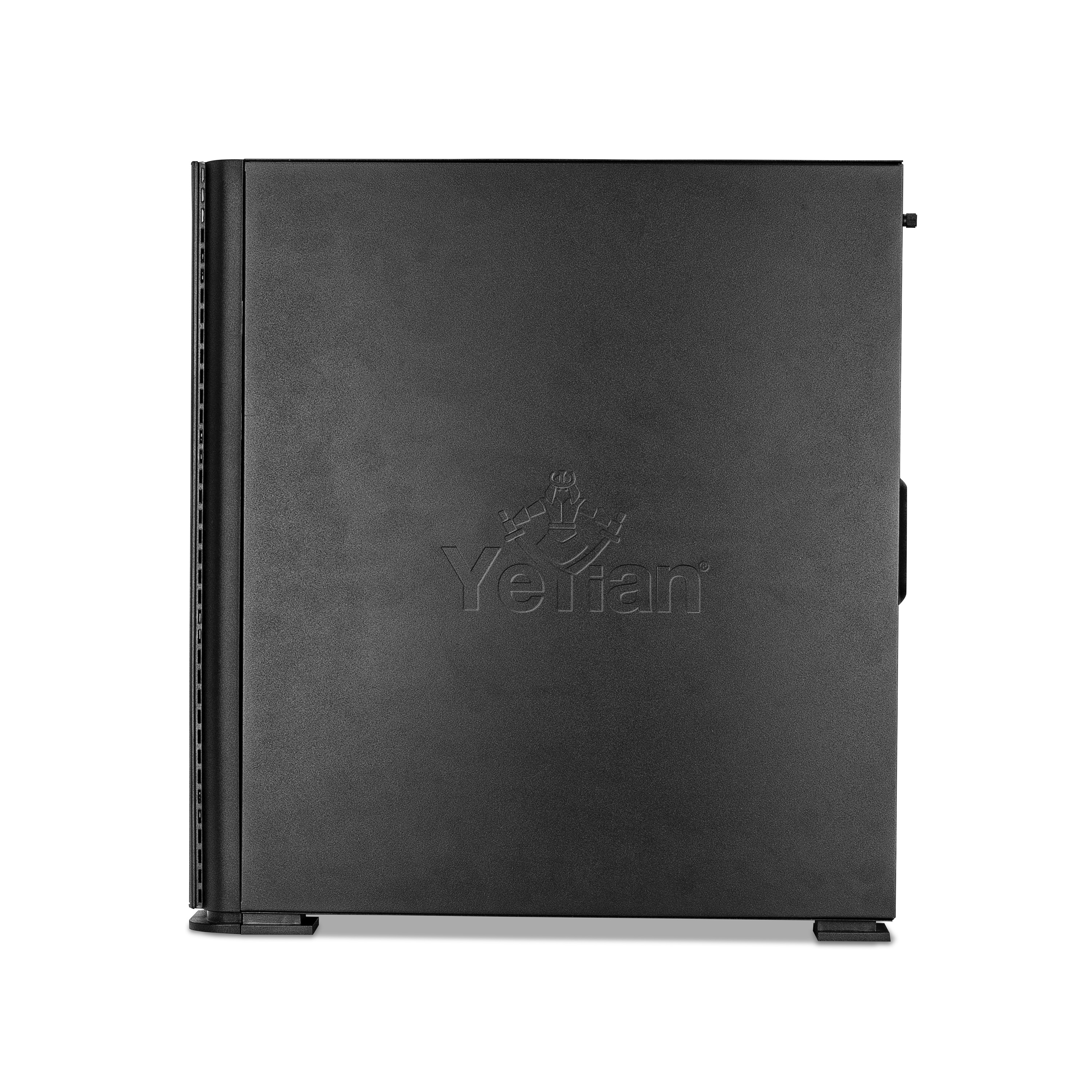 Una torre de computadora negra con el logotipo de YeFan. La torre es rectangular y vertical.