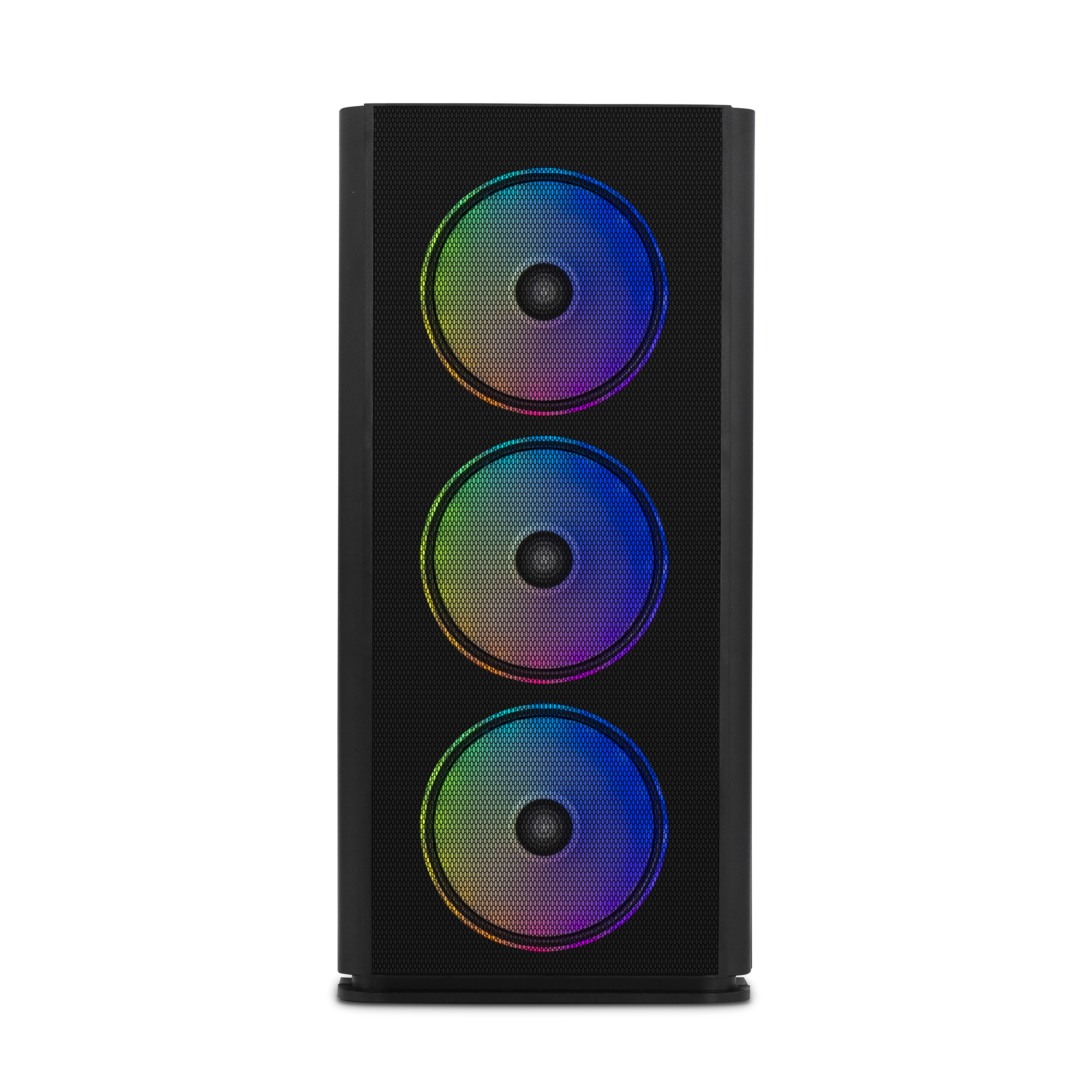 Caja de ordenador negra con tres ventiladores circulares con luces arcoíris.