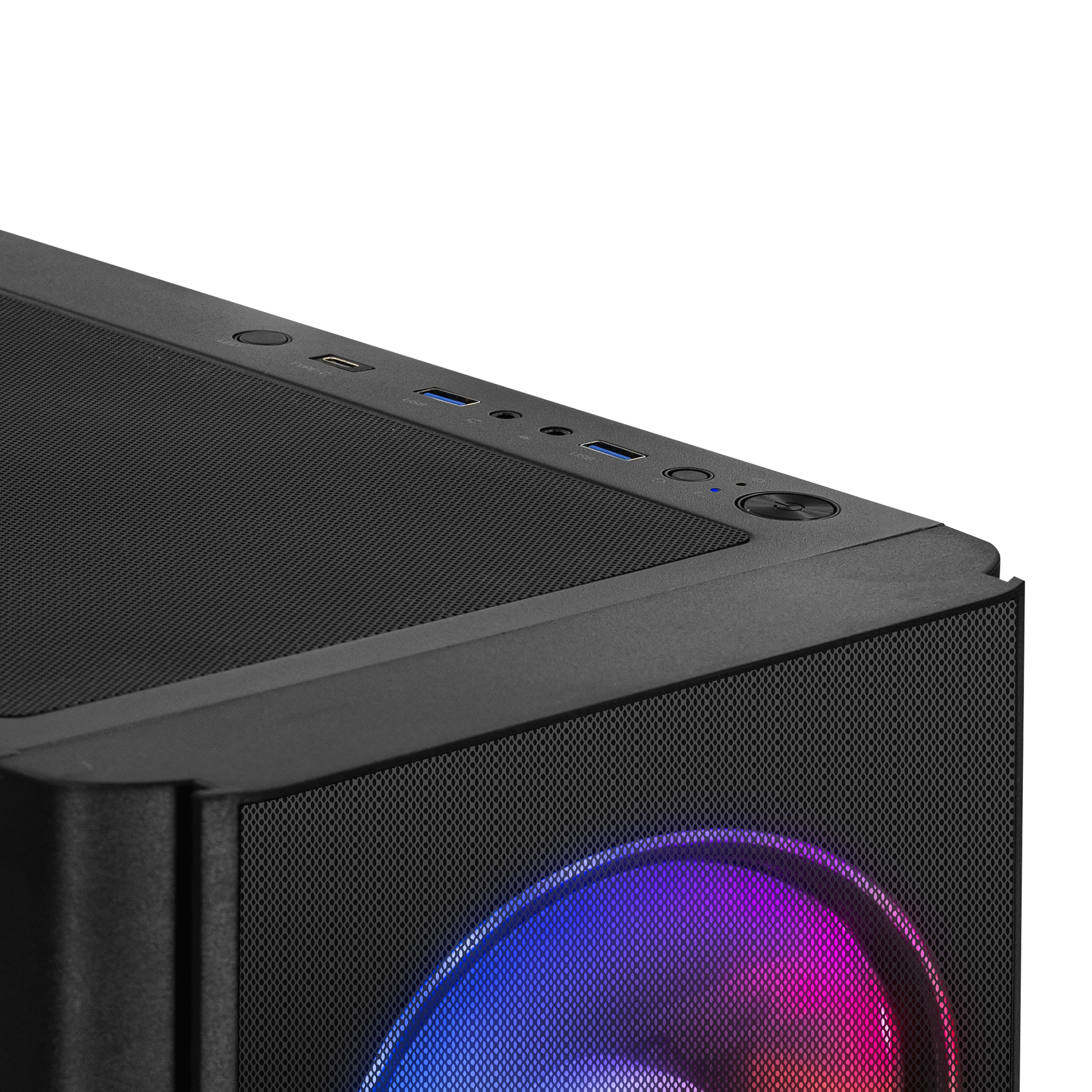 Parte superior de la caja de PC negra con puertos. Parte frontal de malla y ventilador azul, morado y rojo brillante.
