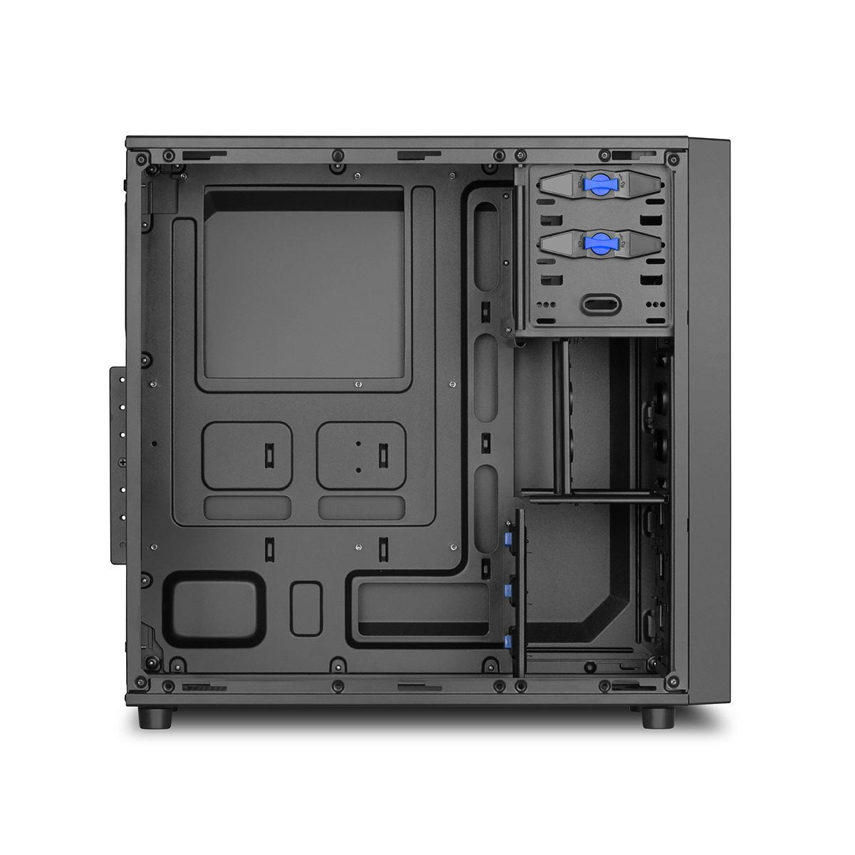 Schwarzes Computergehäuse-Inneres, das Komponenten- und Befestigungspunkte zeigt.