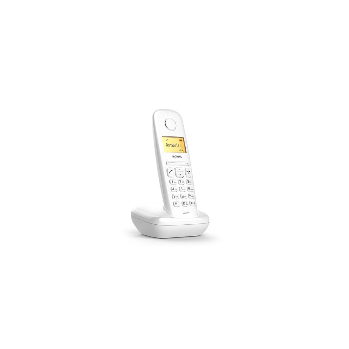 Weißes schnurloses Telefon auf weißer Basis, mit einem Namen auf dem Bildschirm.