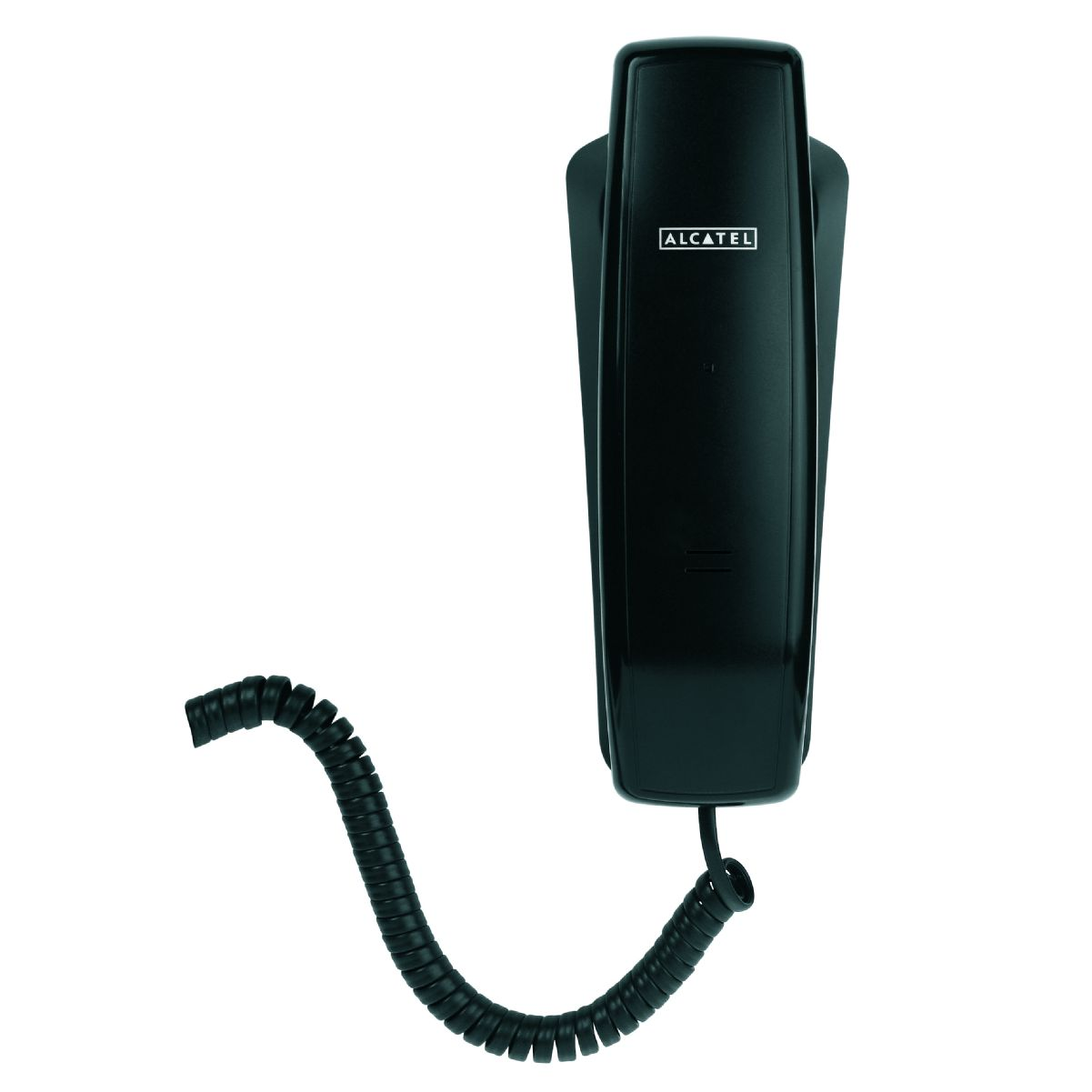 Un telefono da parete Alcatel nero. L'apparecchio è collegato alla base con un cavo a spirale.