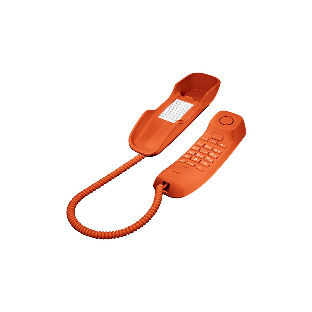 Un teléfono naranja con un auricular y cable en espiral, sobre una superficie blanca.