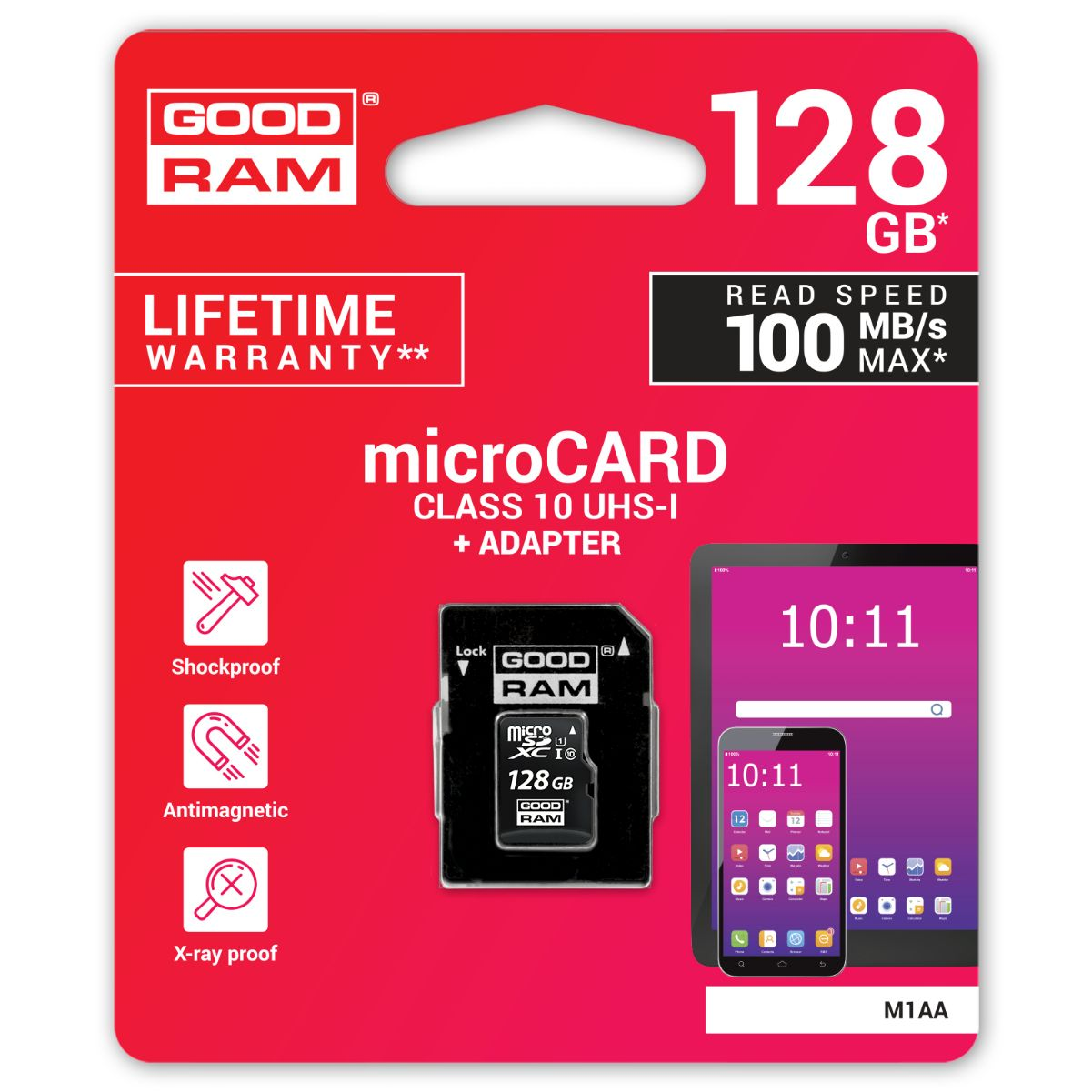 Eine rot-weiße Micro-SD-Kartenverpackung mit Karte und Telefonbild.