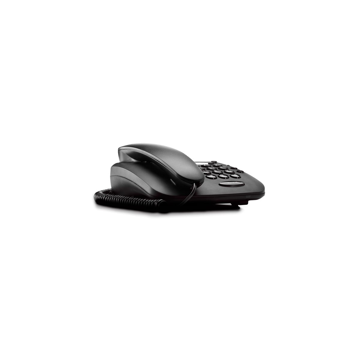 Teléfono fijo negro sobre fondo blanco. El teléfono tiene una base y un auricular.