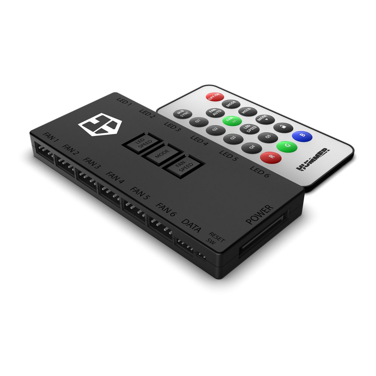 Controlador de ventilador negro con mando. Muestra LEDs, ajustes del ventilador.