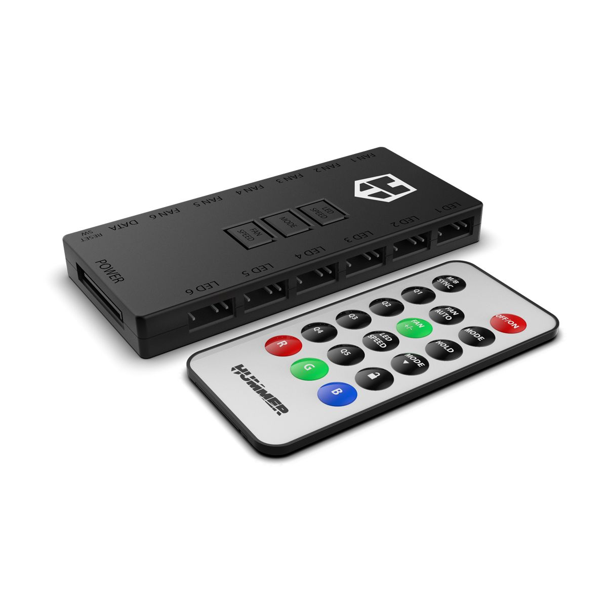 Caja de control negra con botones y mando a distancia. Caja negra y mando. Varios botones con colores.