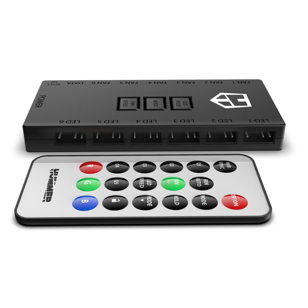 Caja de control negra con puertos y un mando a distancia con botones de colores, etiquetado para control LED.