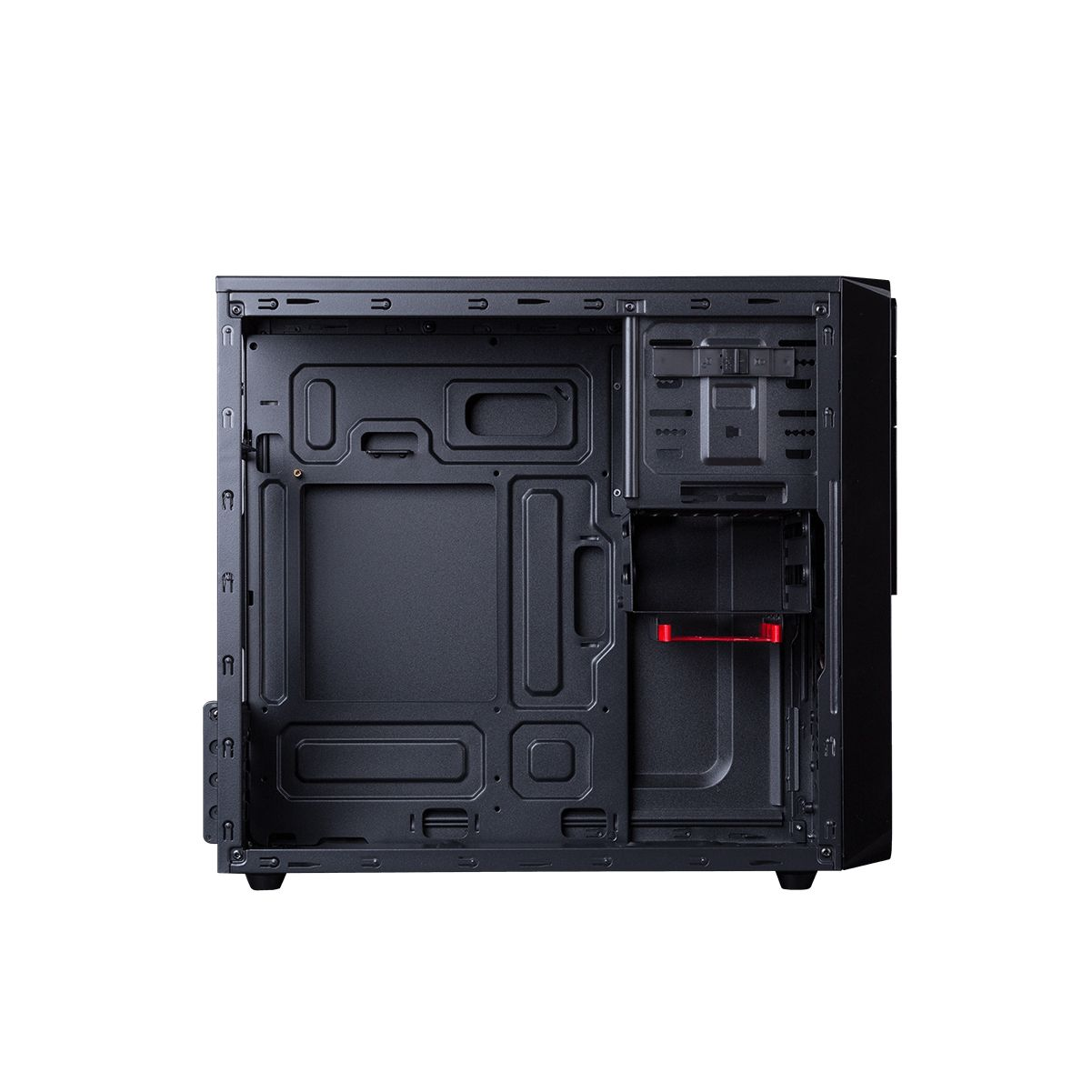 Wnętrze czarnej obudowy komputera. Istnieją różne otwory i punkty mocowania dla komponentów.