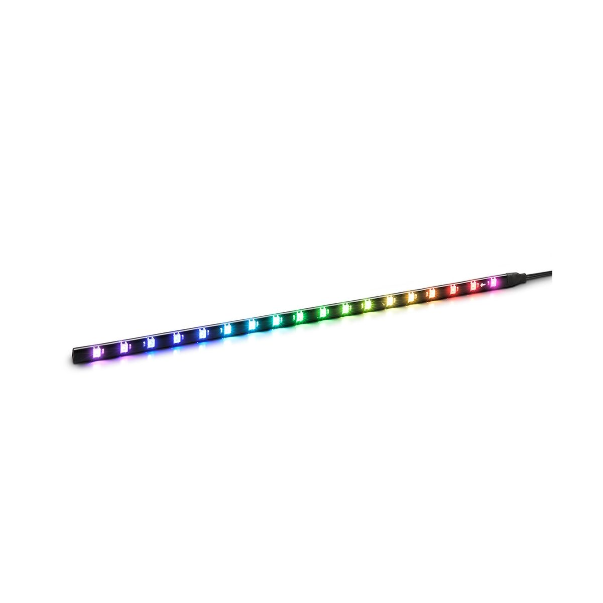 Una tira de luz LED larga, delgada y negra con múltiples colores. Está sobre un fondo blanco.