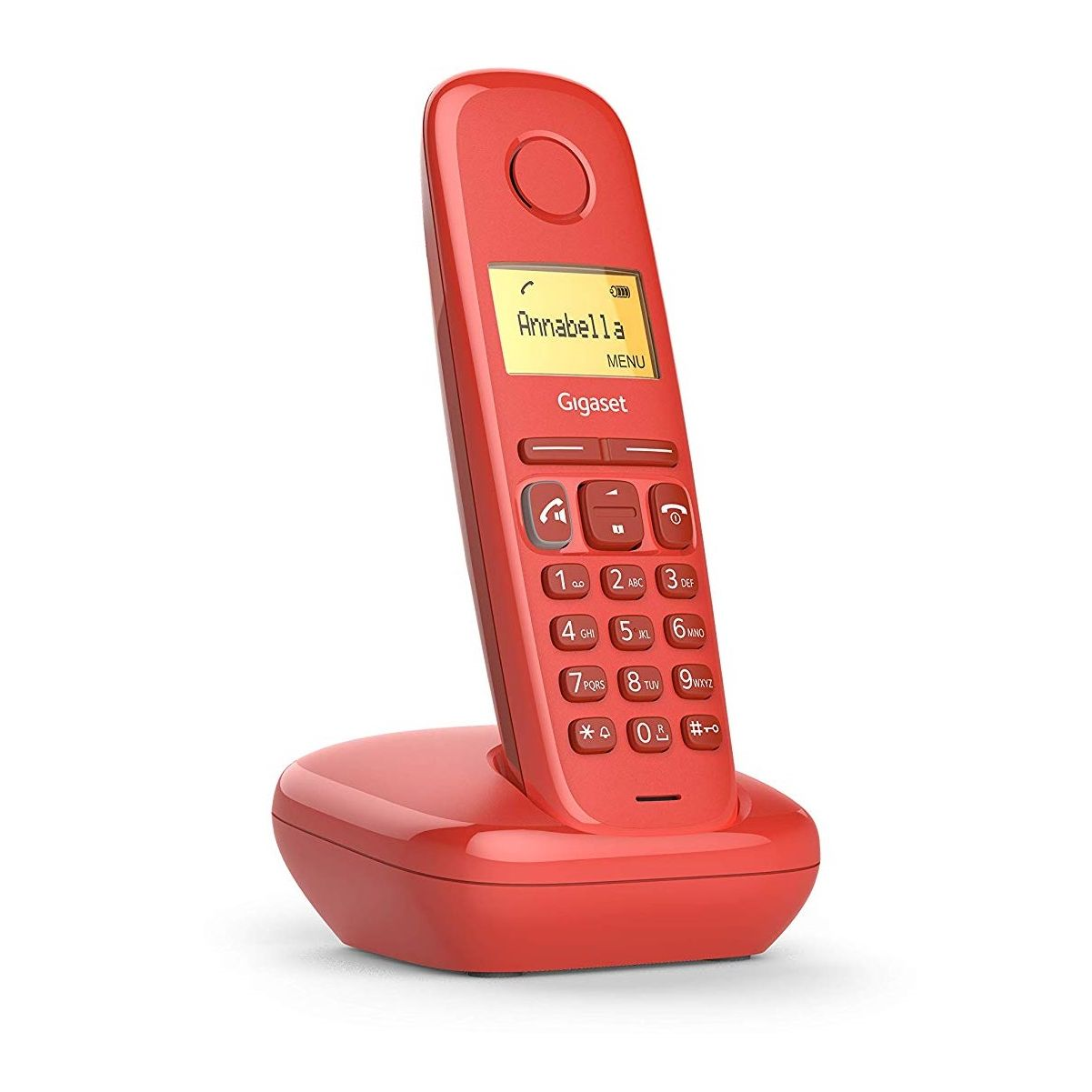 Teléfono inalámbrico rojo en una base. Teléfono muestra 'Annabella' y tiene botones.