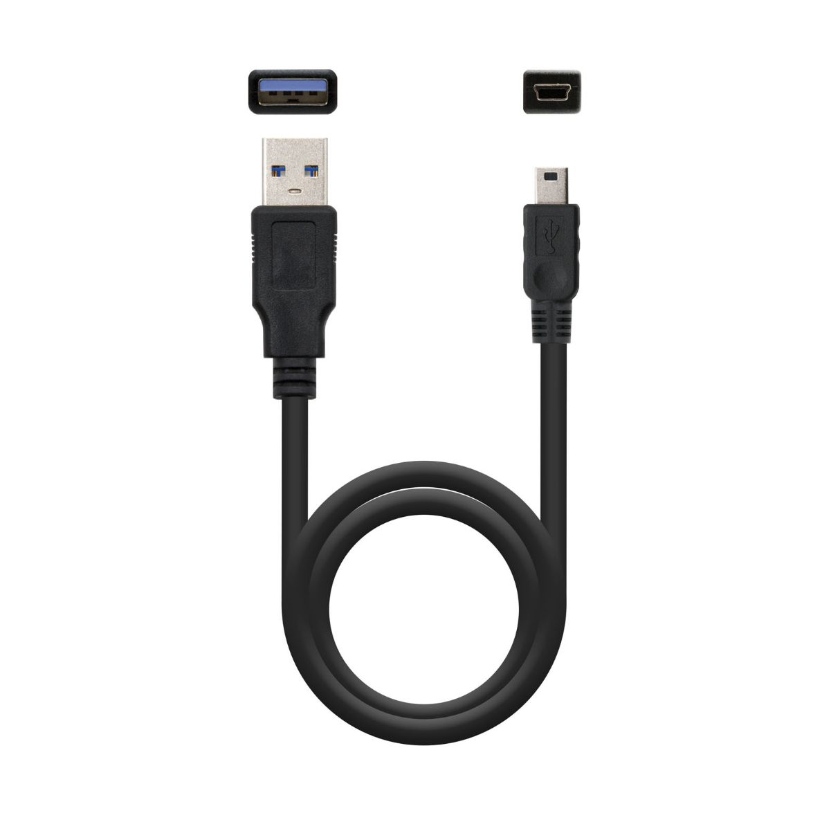 Un cable USB negro con conectores USB y micro USB, sobre un fondo blanco.