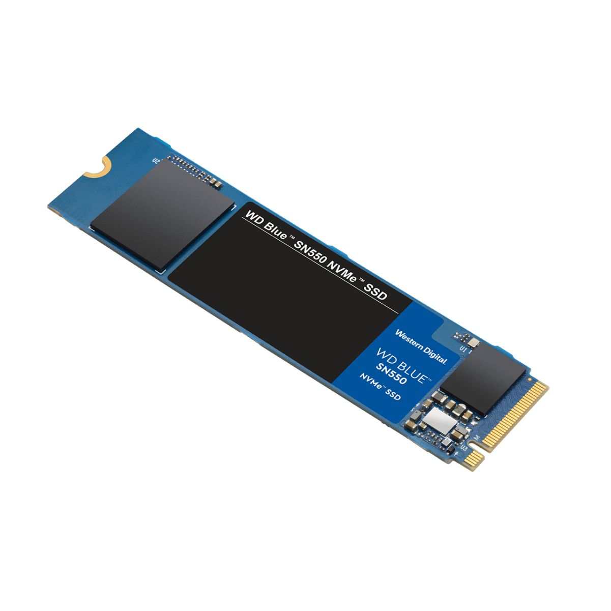 Blaue SSD-Festplatte mit schwarzen Komponenten. Weißer Hintergrund.