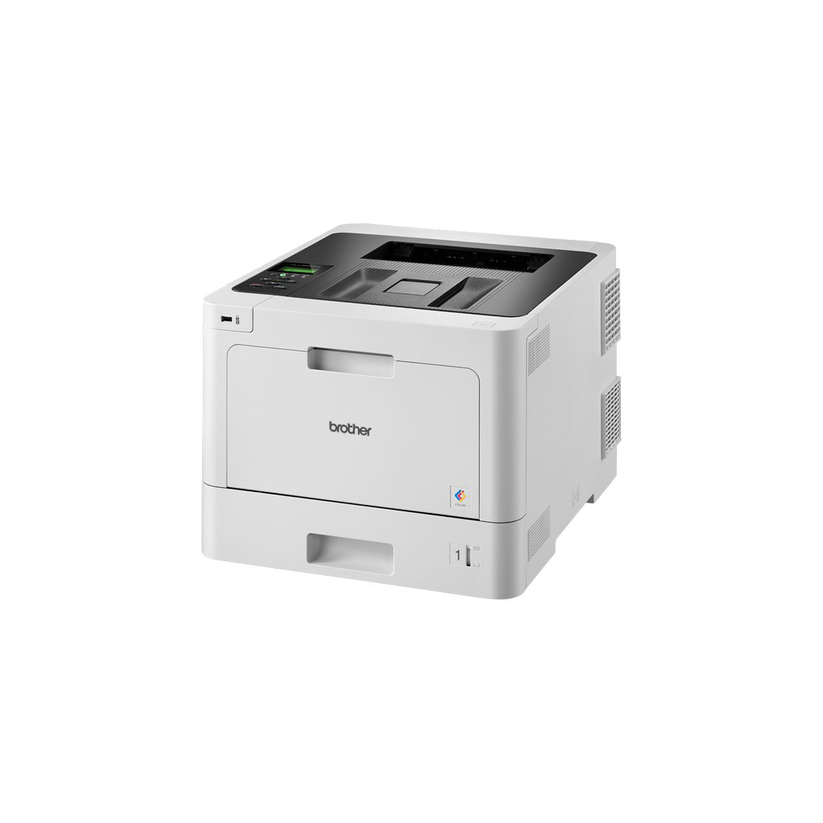 Witte Brother-printer op een witte achtergrond. Zwarte bovenkant en klein nummer 1.