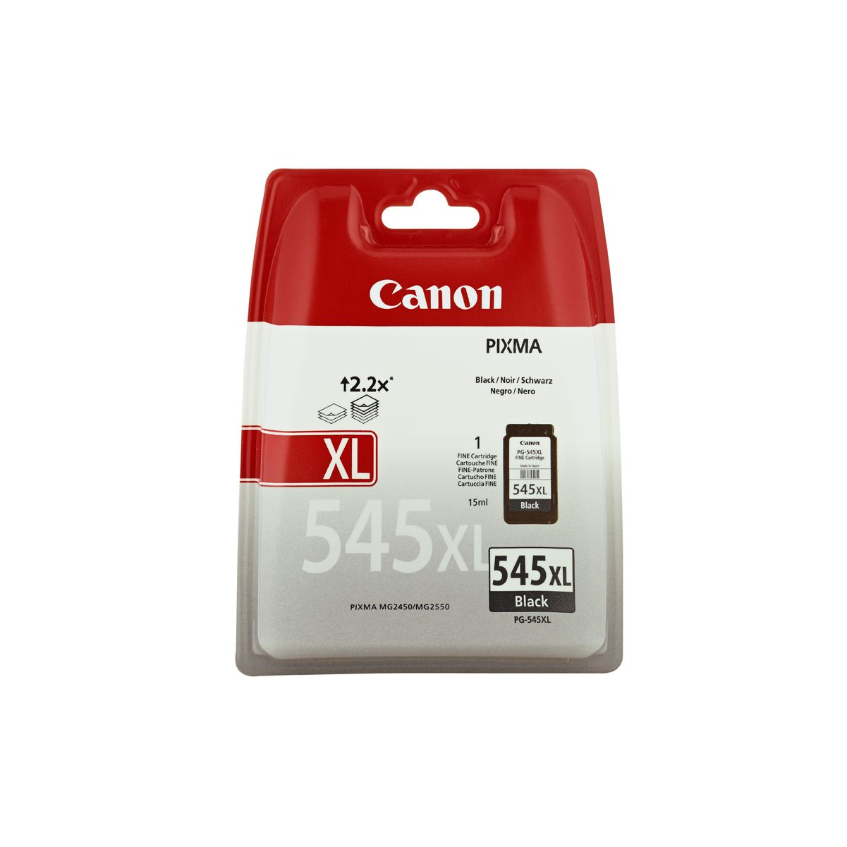 Embalaje de cartucho de tinta Canon Pixma, con colores rojo y blanco, y un primer plano del cartucho dentro.
