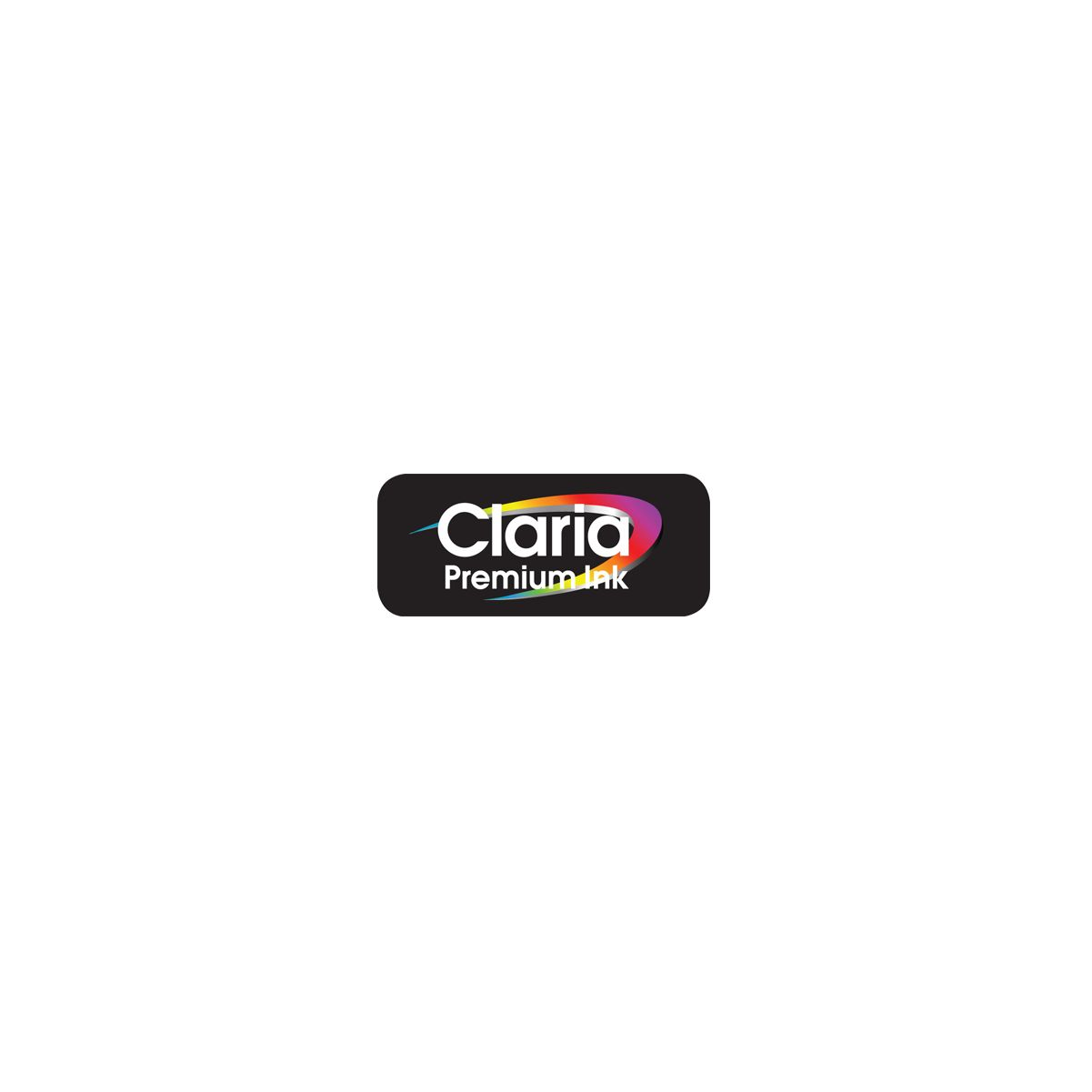 Logotipo de Claria Premium Ink sobre un rectángulo negro. El logotipo es blanco con un degradado de arcoíris.