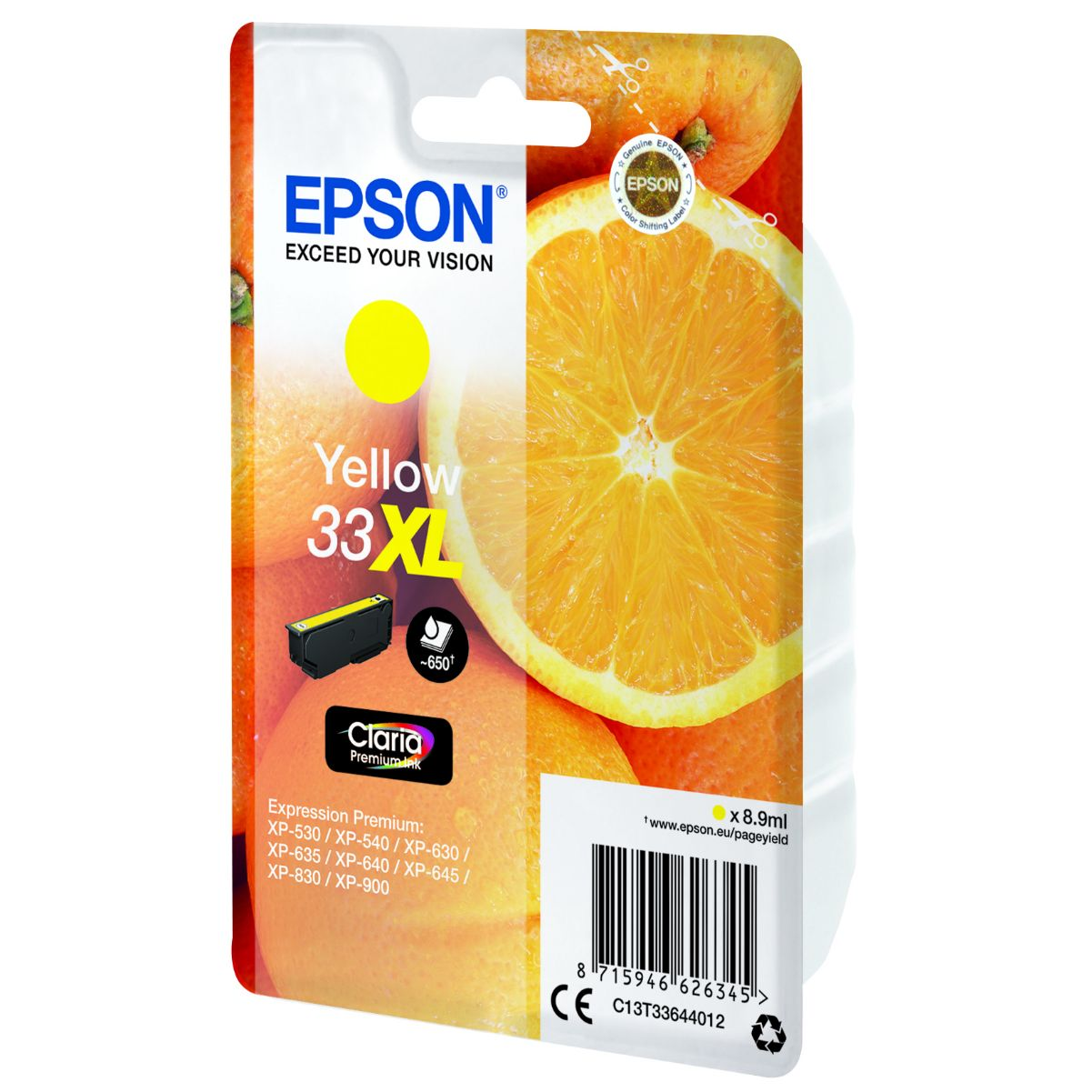 Embalaje de cartucho de tinta Epson, tinta amarilla, con una rodaja de naranja cortada.