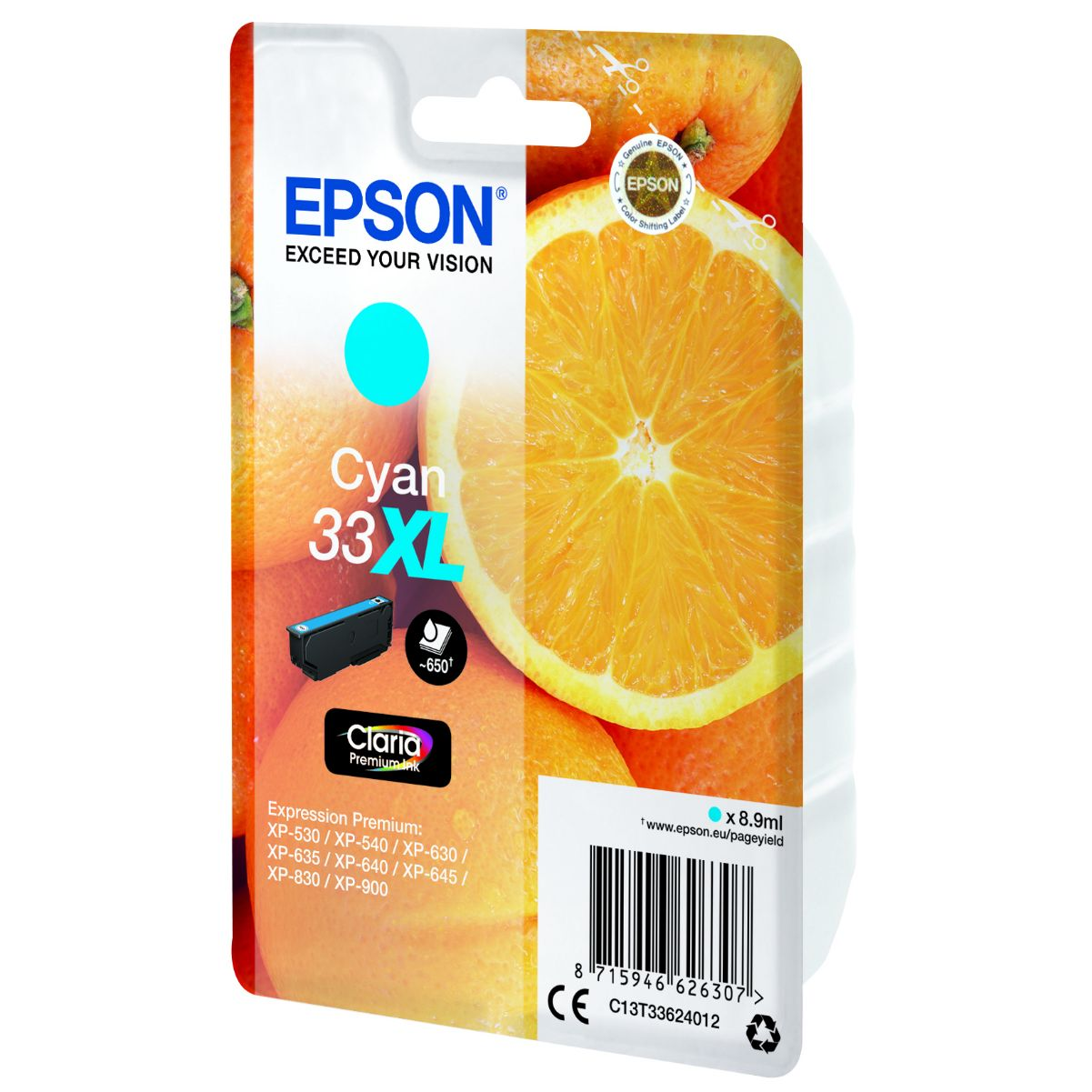 Embalaje de cartucho de tinta Epson Cyan con un gráfico de círculo cian y fondo naranja con fruta.