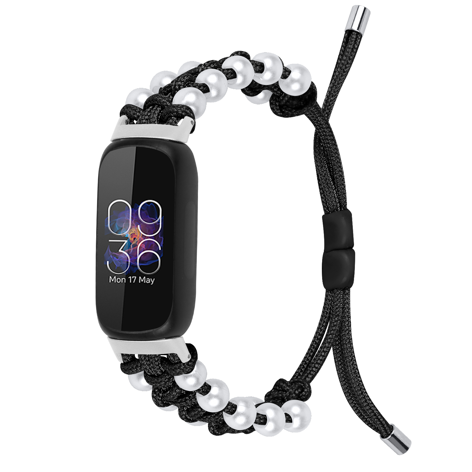 Smartwatch mit schwarz-weißem Perlenarmband und schwarzem Bildschirm.