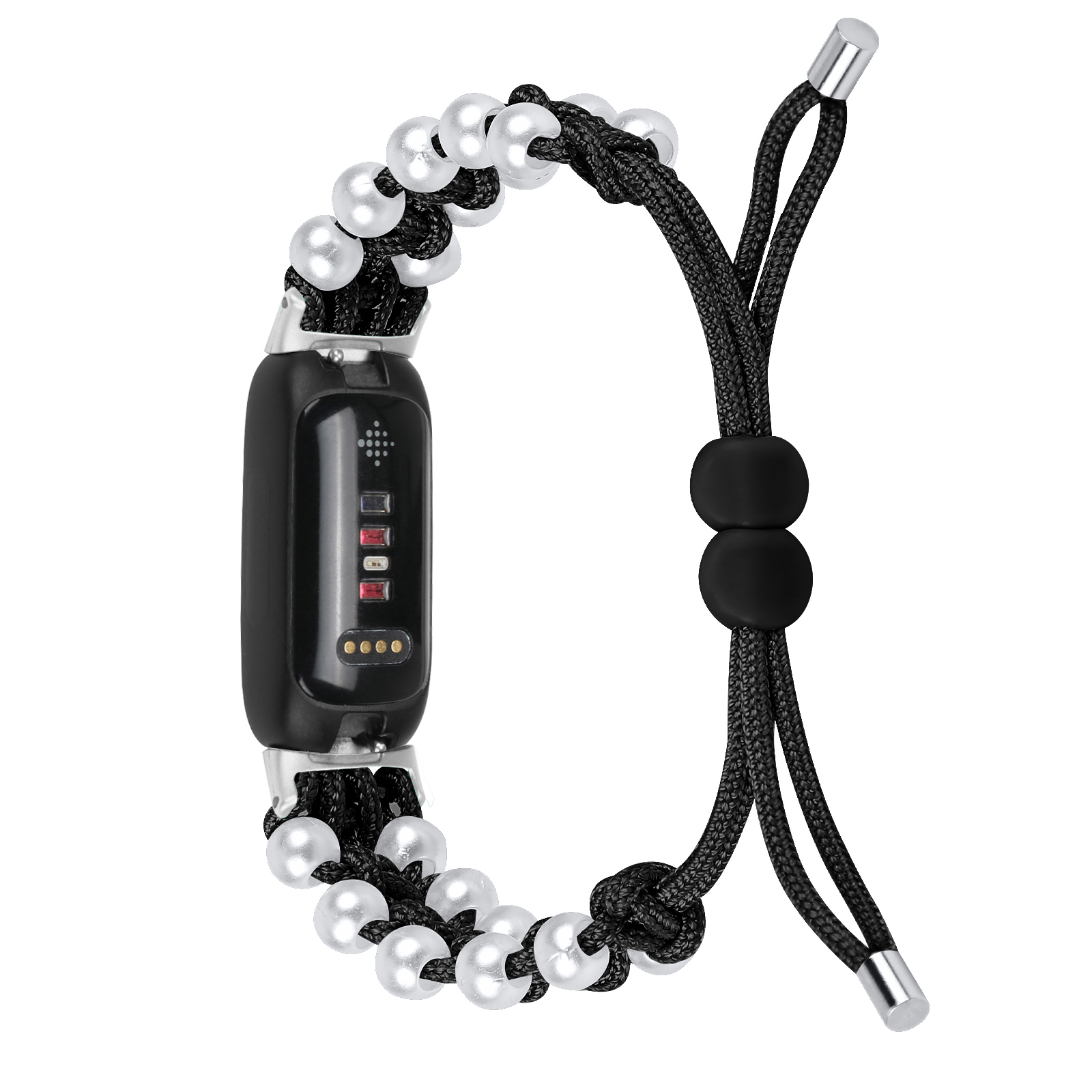 Schwarzes Fitness-Tracker-Armband mit weißen perlenartigen Perlen an einem schwarzen Band.