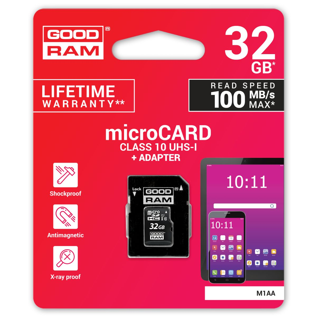 Eine GoodRam 32GB Micro-SD-Karte in ihrer Verpackung, mit Telefon und Tablet.